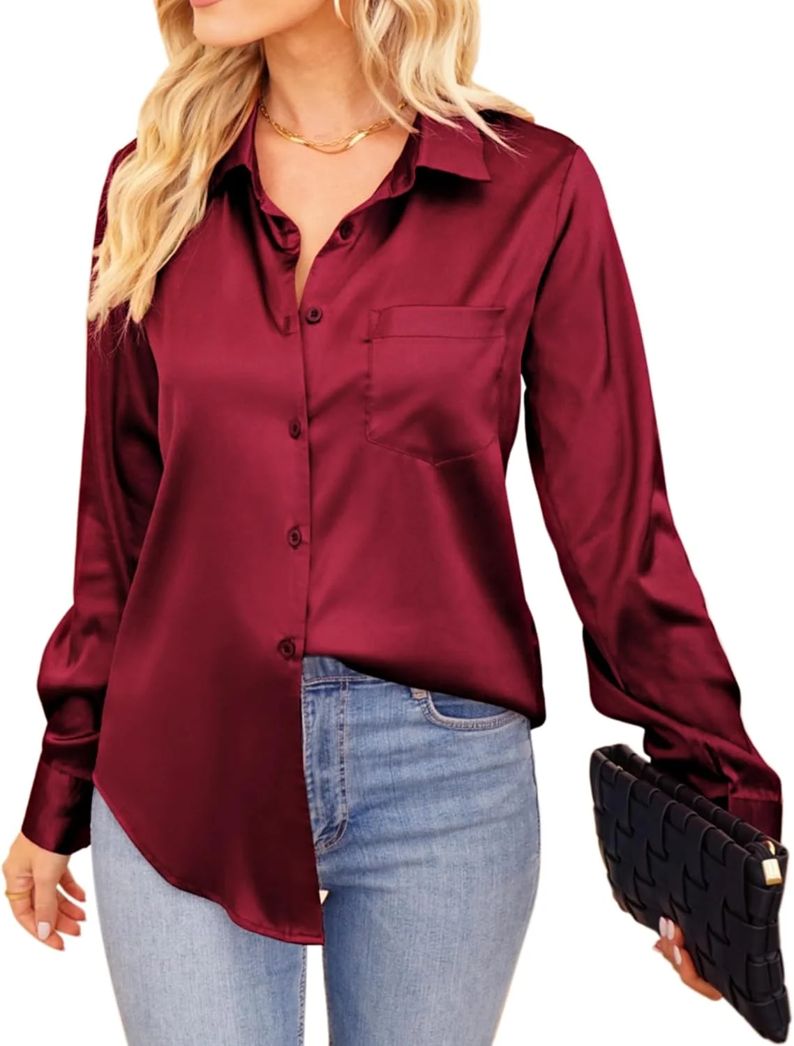 VIDUSSA بلوز زنانه دکمه دار آستین بلند ساتن ابریشمی، مناسب کار در اداره و استفاده روزمره، مدل یقه هفت، رنگ قرمز شرابی، سایز L