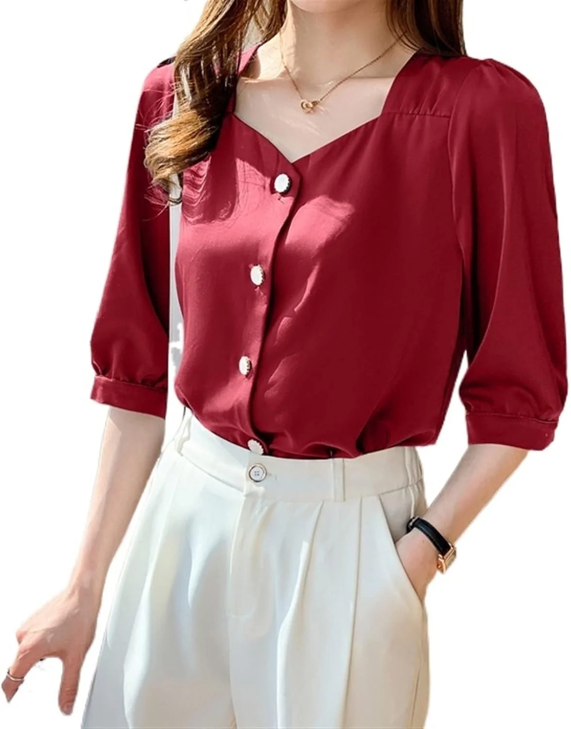 بلوز زنانه VETCS، پیراهن ساتن یقه مربعی آستین کوتاه، تاپ آزاد دکمه دار زنانه، شیفون سفید (رنگ: آبی تیره، سایز: S)