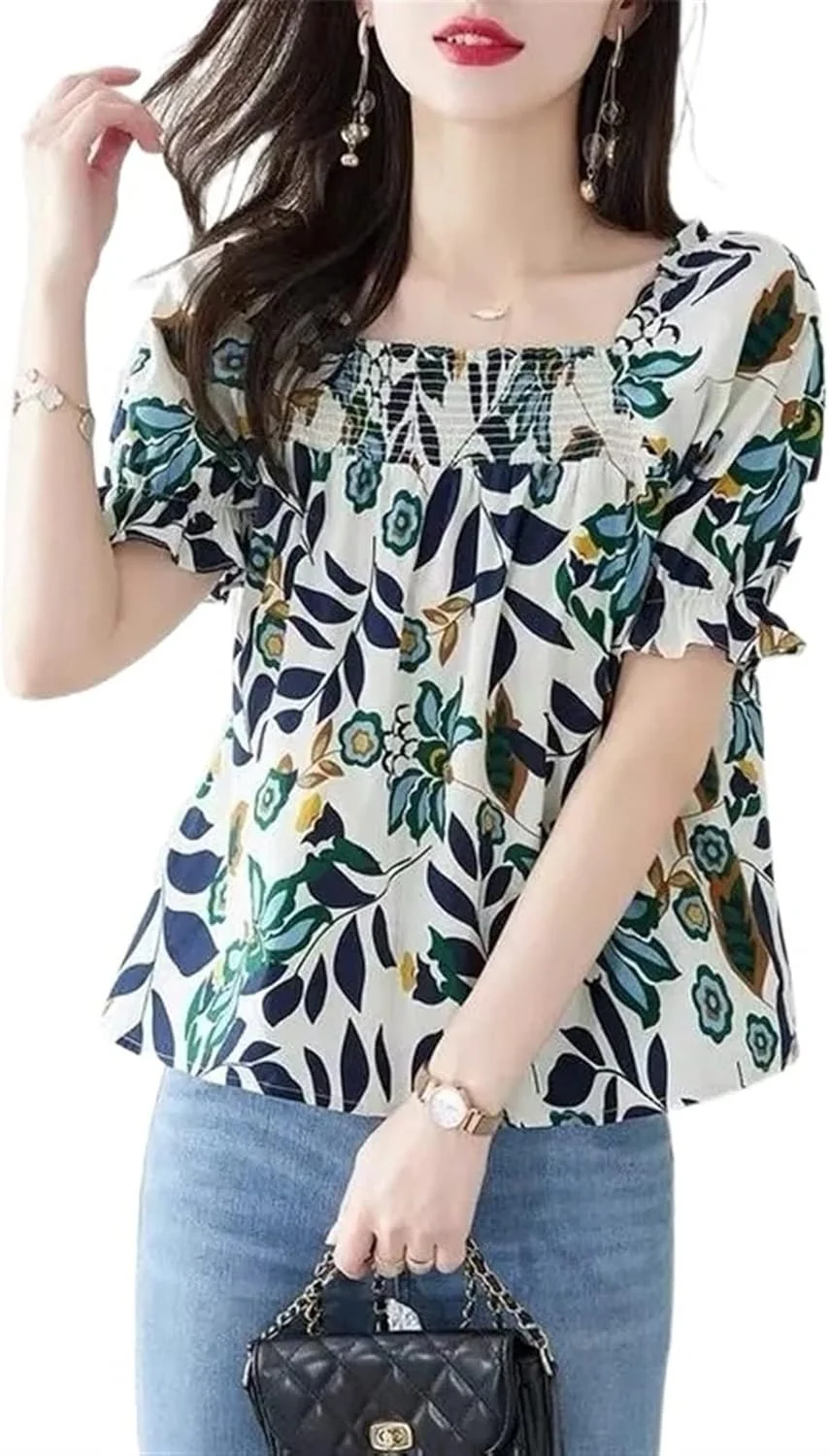 بلوز زنانه VETCS، پیراهن زنانه یقه مربعی، بلوز آزاد شیفون، پیراهن آستین کوتاه نازک طرح گل (سایز: XXXL)