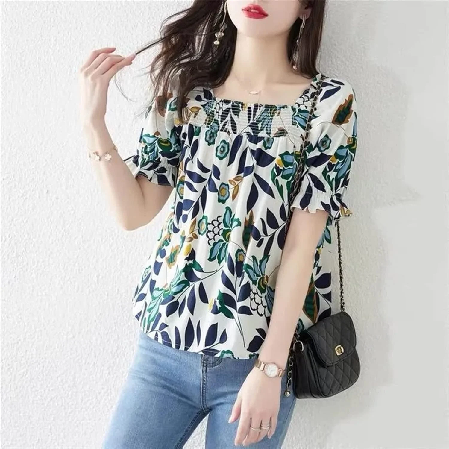 بلوز زنانه VETCS، پیراهن زنانه یقه مربعی، بلوز آزاد شیفون، پیراهن آستین کوتاه نازک طرح گل (سایز: XXXL)