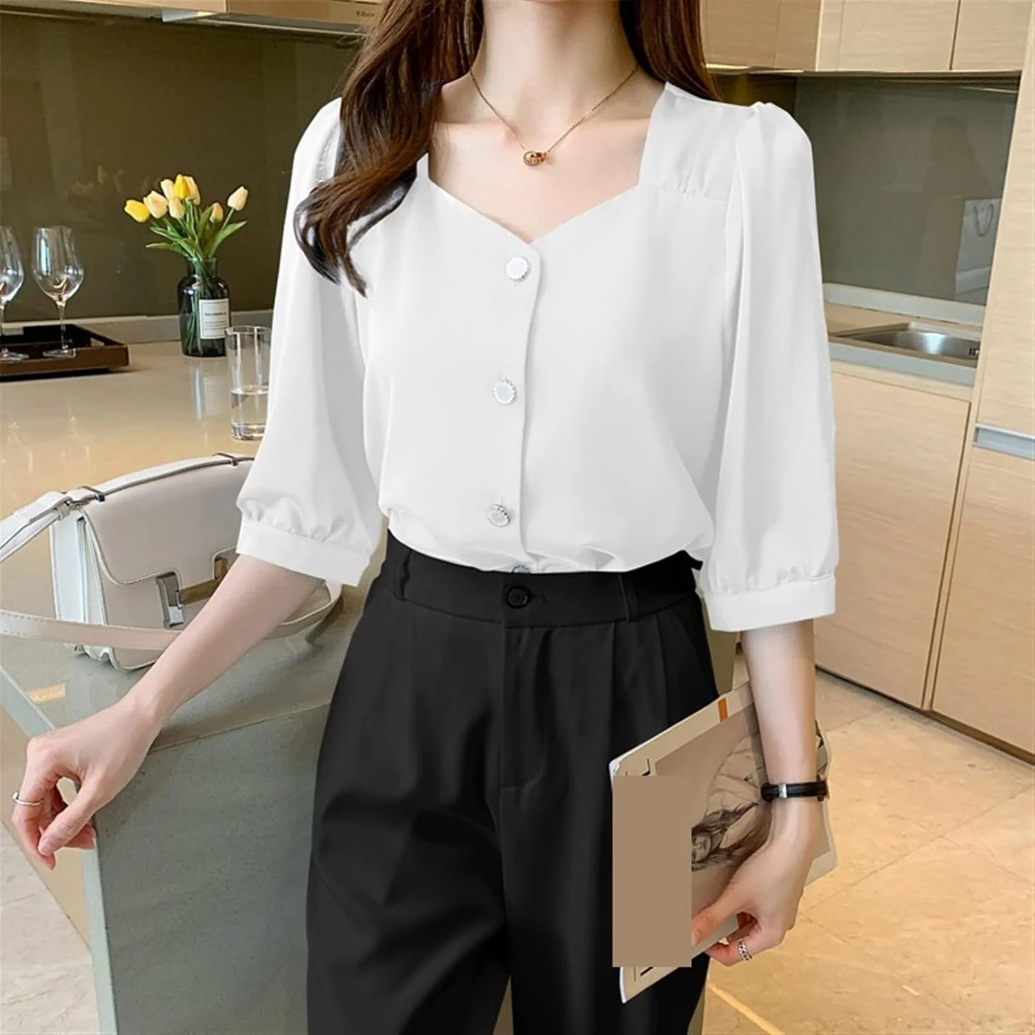 بلوز زنانه VETCS، پیراهن ساتن یقه مربعی آستین کوتاه، تاپ آزاد دکمه دار زنانه، شیفون سفید (رنگ: آبی تیره، سایز: S)