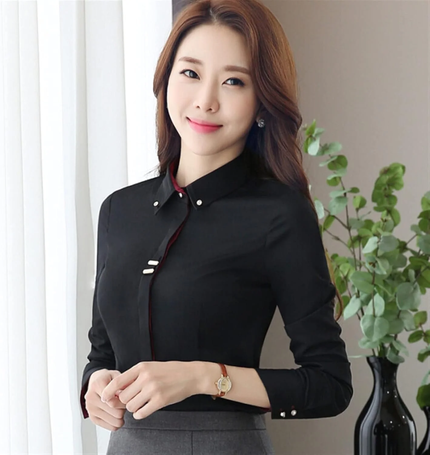 بلوز زنانه VETCS، پیراهن آستین بلند زنانه، پیراهن نخی پولک دار مشکی و سفید، پیراهن رسمی زنانه (رنگ: Hortel، سایز: 4XL)