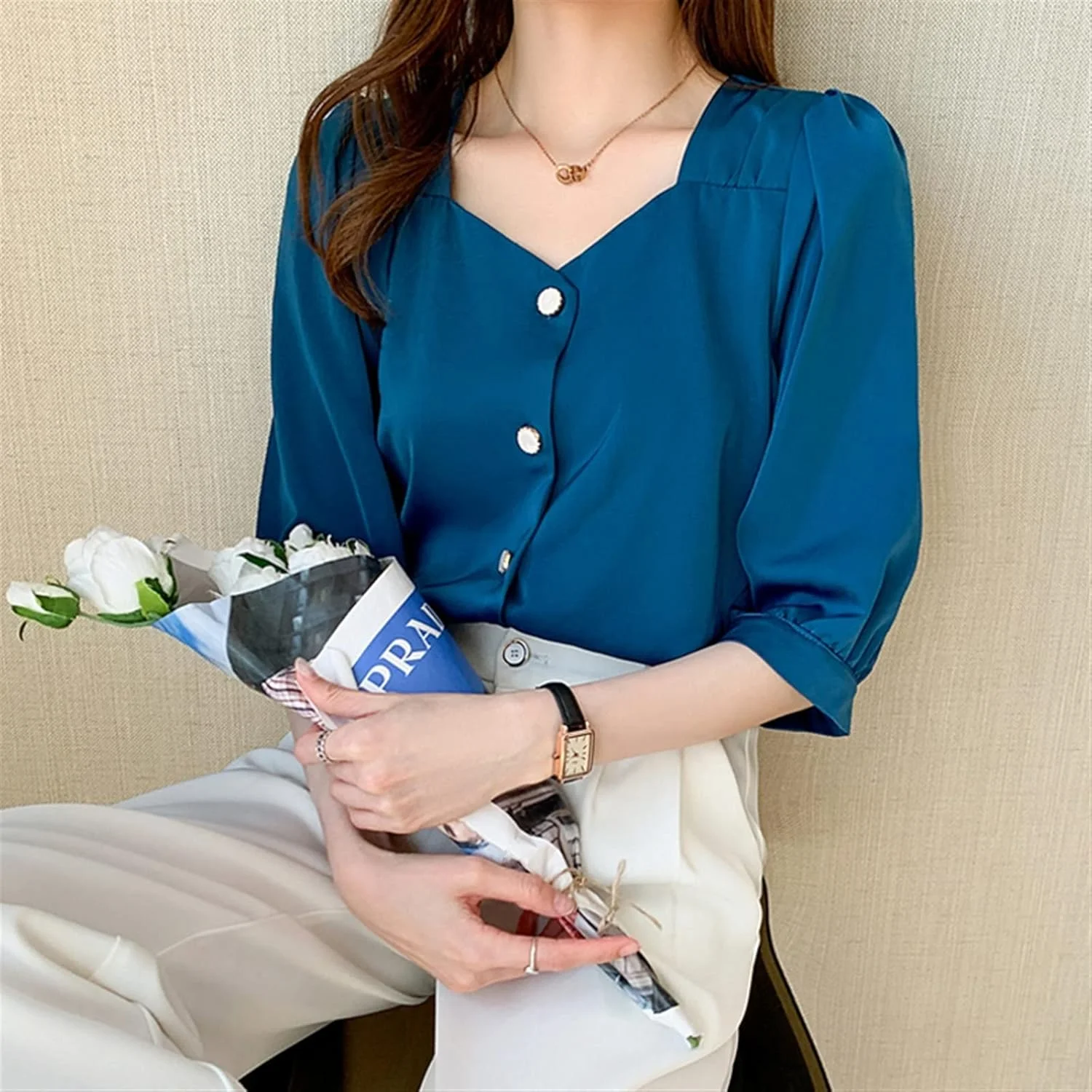 بلوز زنانه VETCS، پیراهن ساتن یقه مربعی آستین کوتاه، تاپ آزاد دکمه دار زنانه، شیفون سفید (رنگ: آبی تیره، سایز: S)