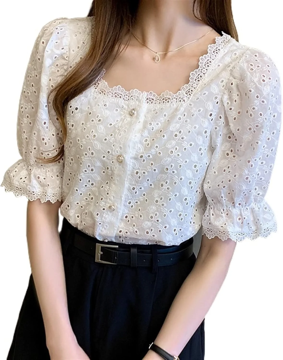 بلوز زنانه VETCS، پیراهن توری وحشی، پیراهن یقه مربعی آستین کوتاه زنانه، پیراهن شیک برش دار (رنگ: سفید، سایز: L)
