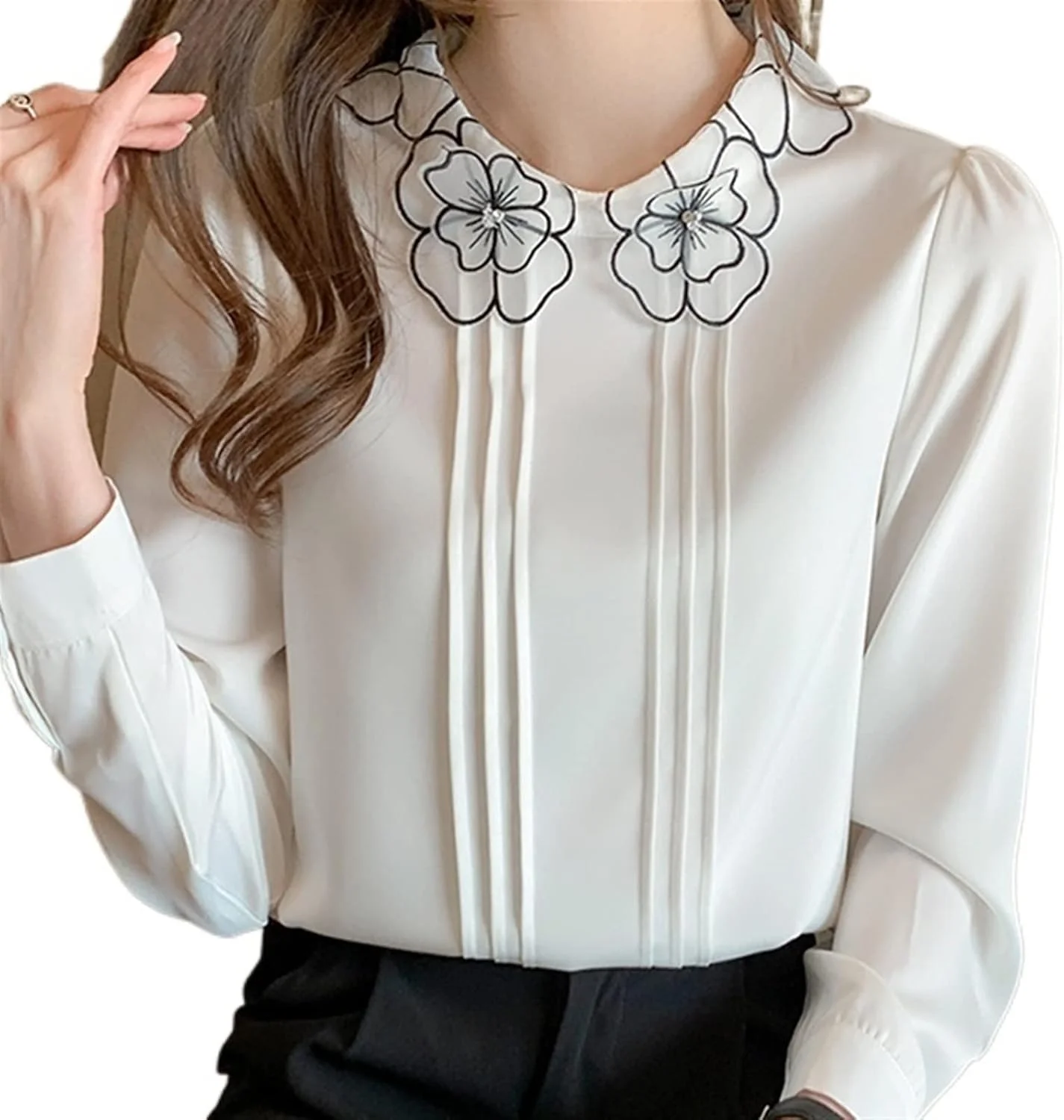 بلوز زنانه VETCS، پیراهن آستین بلند شیفون سفید زنانه، بلوز زنانه (سایز: L)