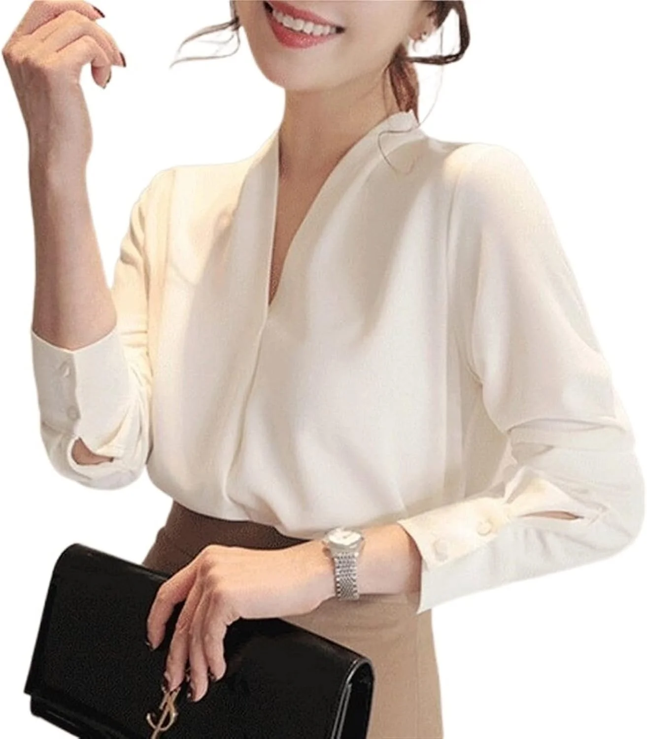 بلوز زنانه VETCS، پیراهن آستین بلند سفید خالص، بلوز و پیراهن اداری زنانه (رنگ: سفید، سایز: XXL)