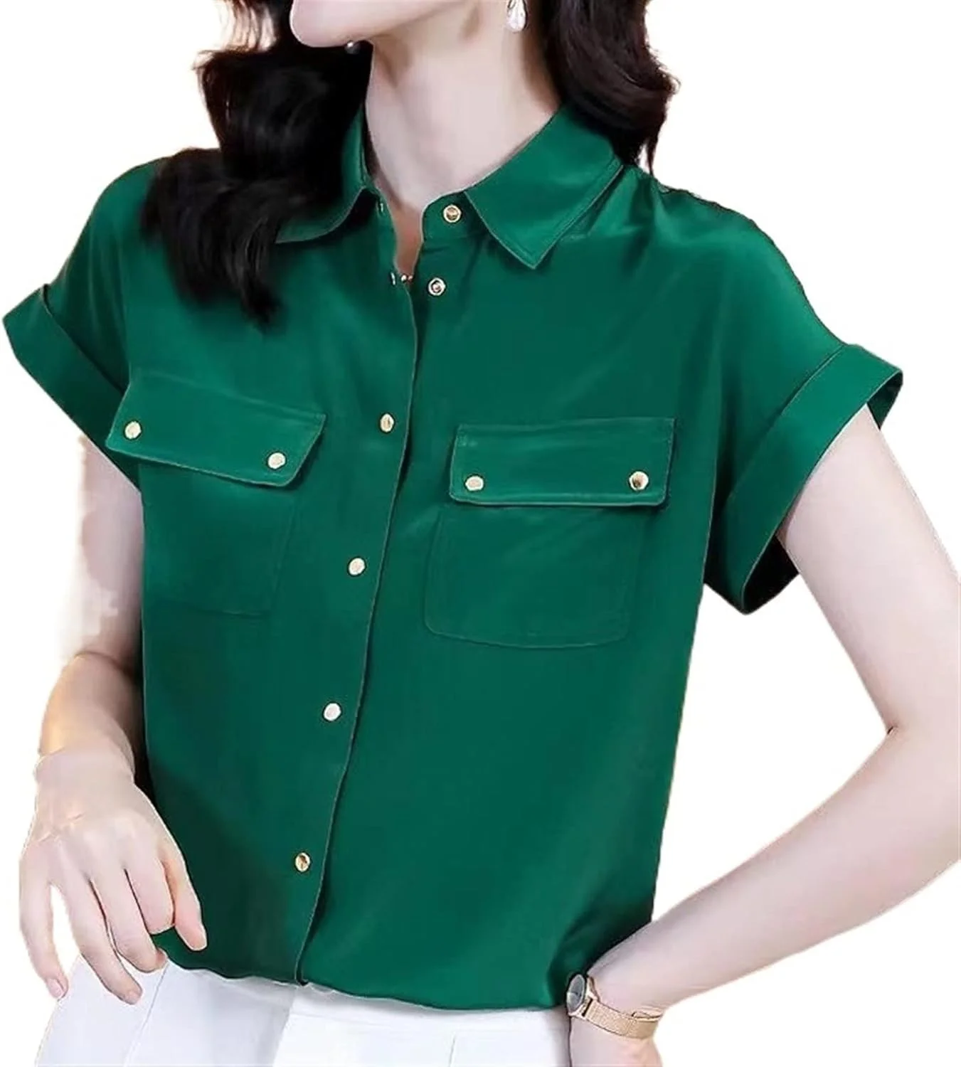 بلوز زنانه VETCS، پیراهن آستین کوتاه زنانه، لباس زنانه، پیراهن یقه دار، پیراهن سفید رنگ ثابت (رنگ: آبی تیره، سایز: S)