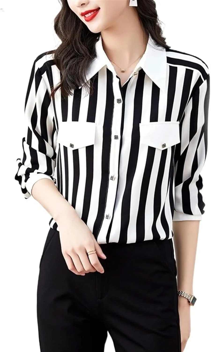 بلوز زنانه VETCS، پیراهن زنانه راه راه جیب دار یقه دار نازک لباس زنانه ساده (رنگ: Hortel، سایز: XL)