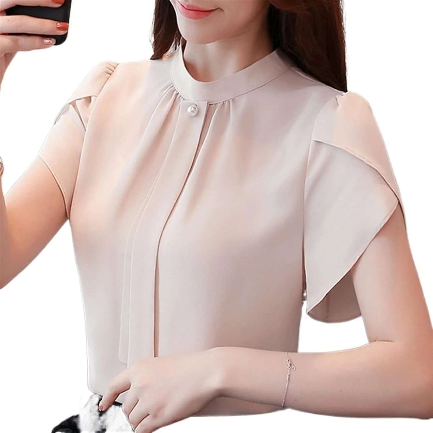 بلوز زنانه VETCS، بلوز آستین کوتاه زنانه، پیراهن شیفون، بلوز زنانه (رنگ: صورتی، سایز: S)