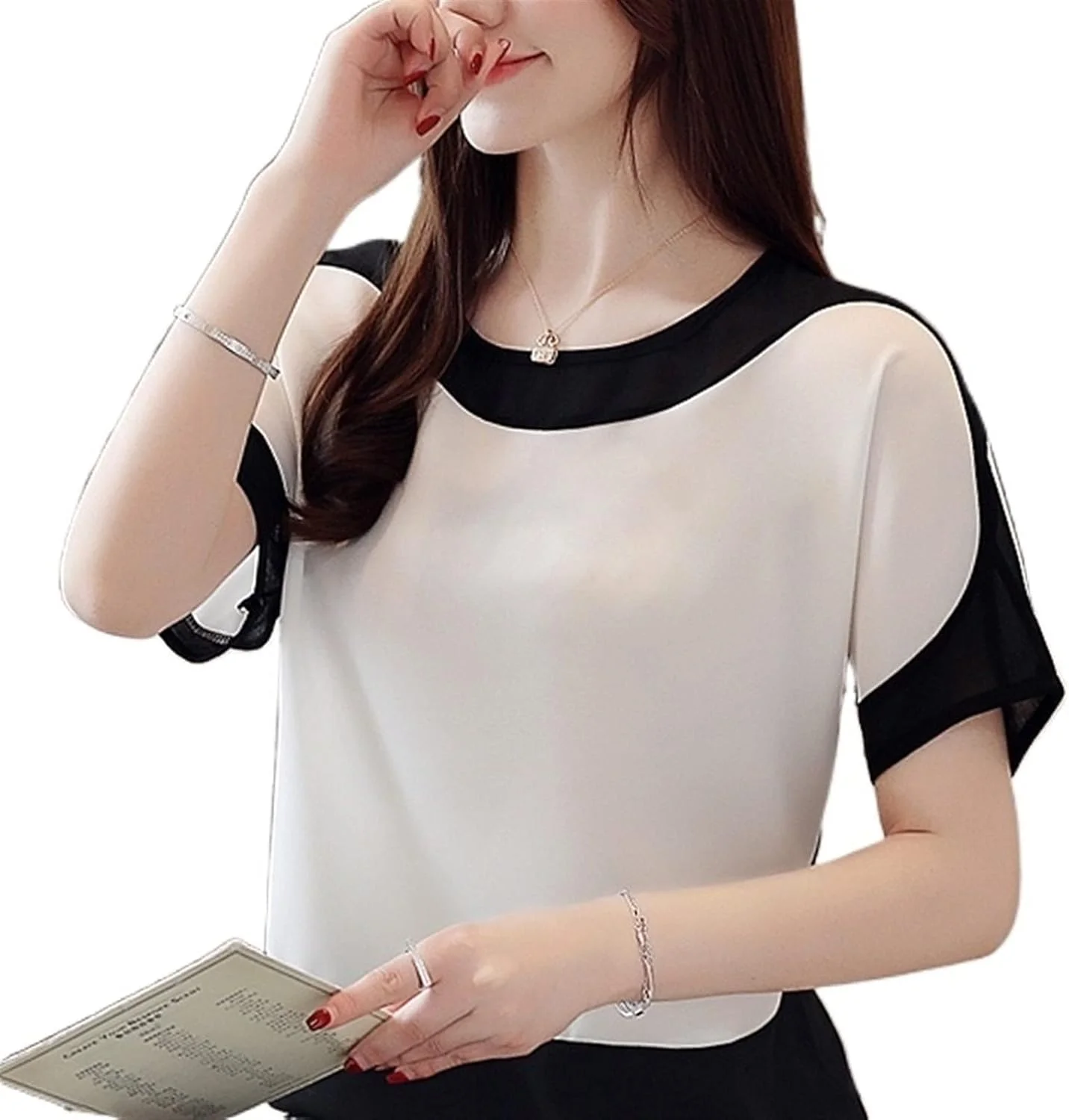 بلوز زنانه VETCS، پیراهن زنانه، پیراهن آستین کوتاه، بلوز شیفون، بلوز و پیراهن زنانه (رنگ: سفید، سایز: XXXL)