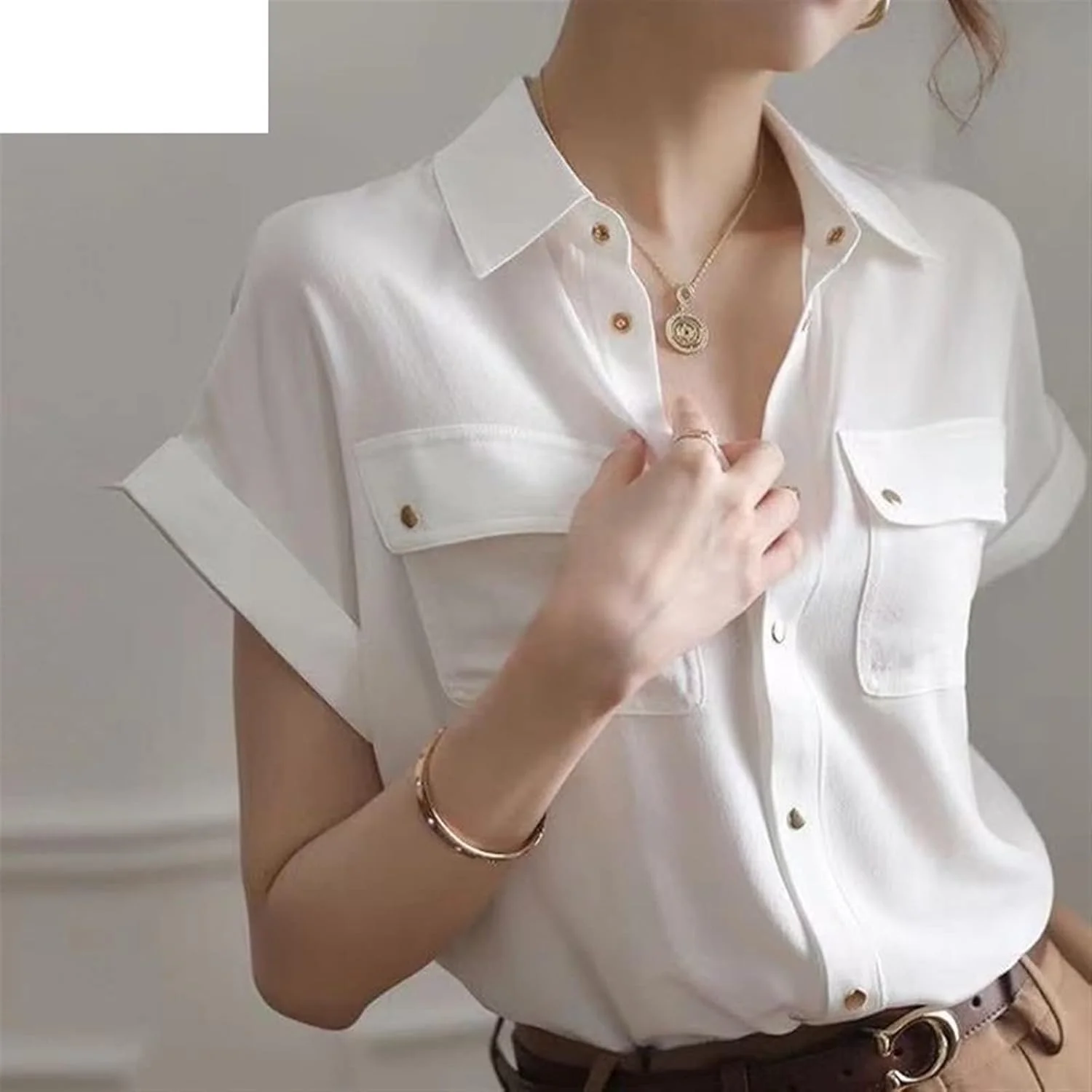 بلوز زنانه VETCS، پیراهن آستین کوتاه زنانه، لباس زنانه، پیراهن یقه دار، پیراهن سفید رنگ ثابت (رنگ: آبی تیره، سایز: S)