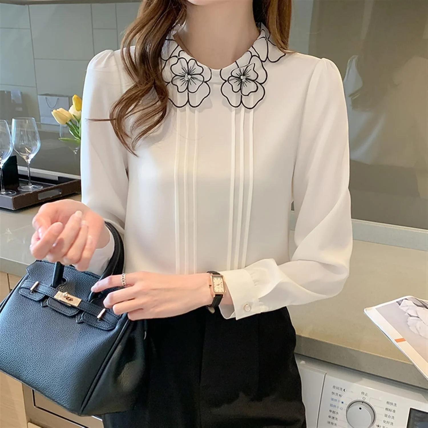 بلوز زنانه VETCS، پیراهن آستین بلند شیفون سفید زنانه، بلوز زنانه (سایز: L)