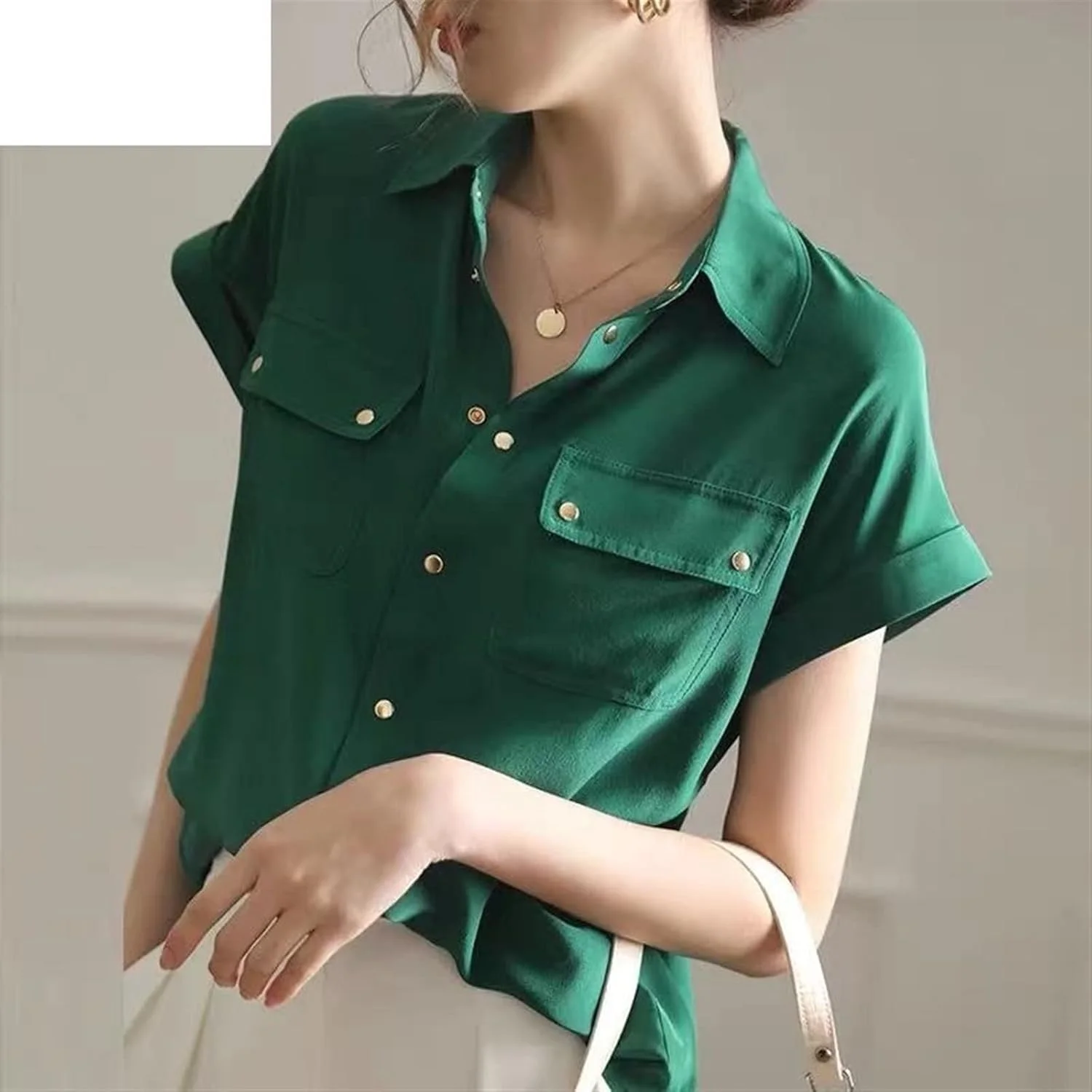 بلوز زنانه VETCS، پیراهن آستین کوتاه زنانه، لباس زنانه، پیراهن یقه دار، پیراهن سفید رنگ ثابت (رنگ: آبی تیره، سایز: S)