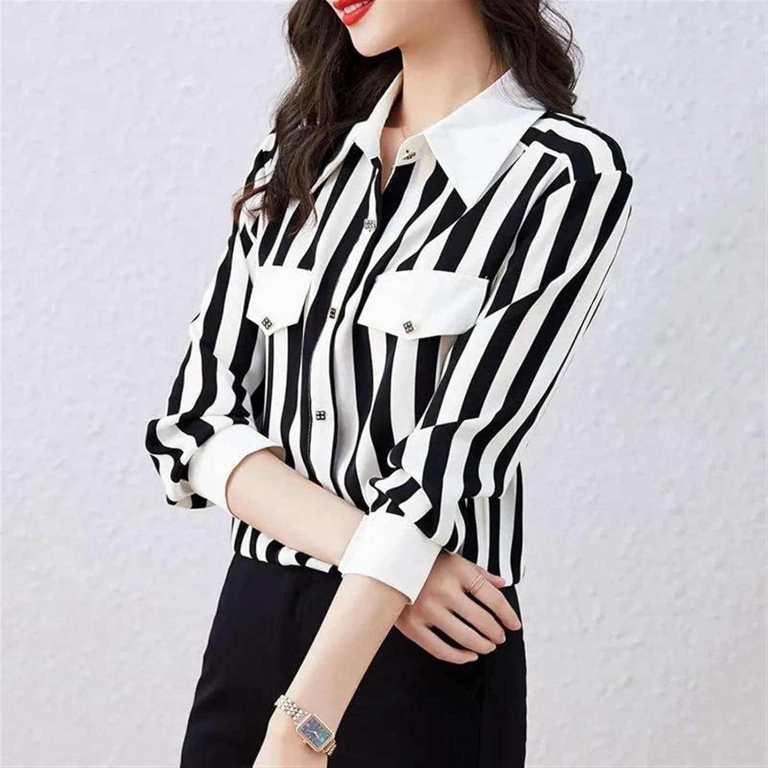 بلوز زنانه VETCS، پیراهن زنانه راه راه جیب دار یقه دار نازک لباس زنانه ساده (رنگ: Hortel، سایز: XL)