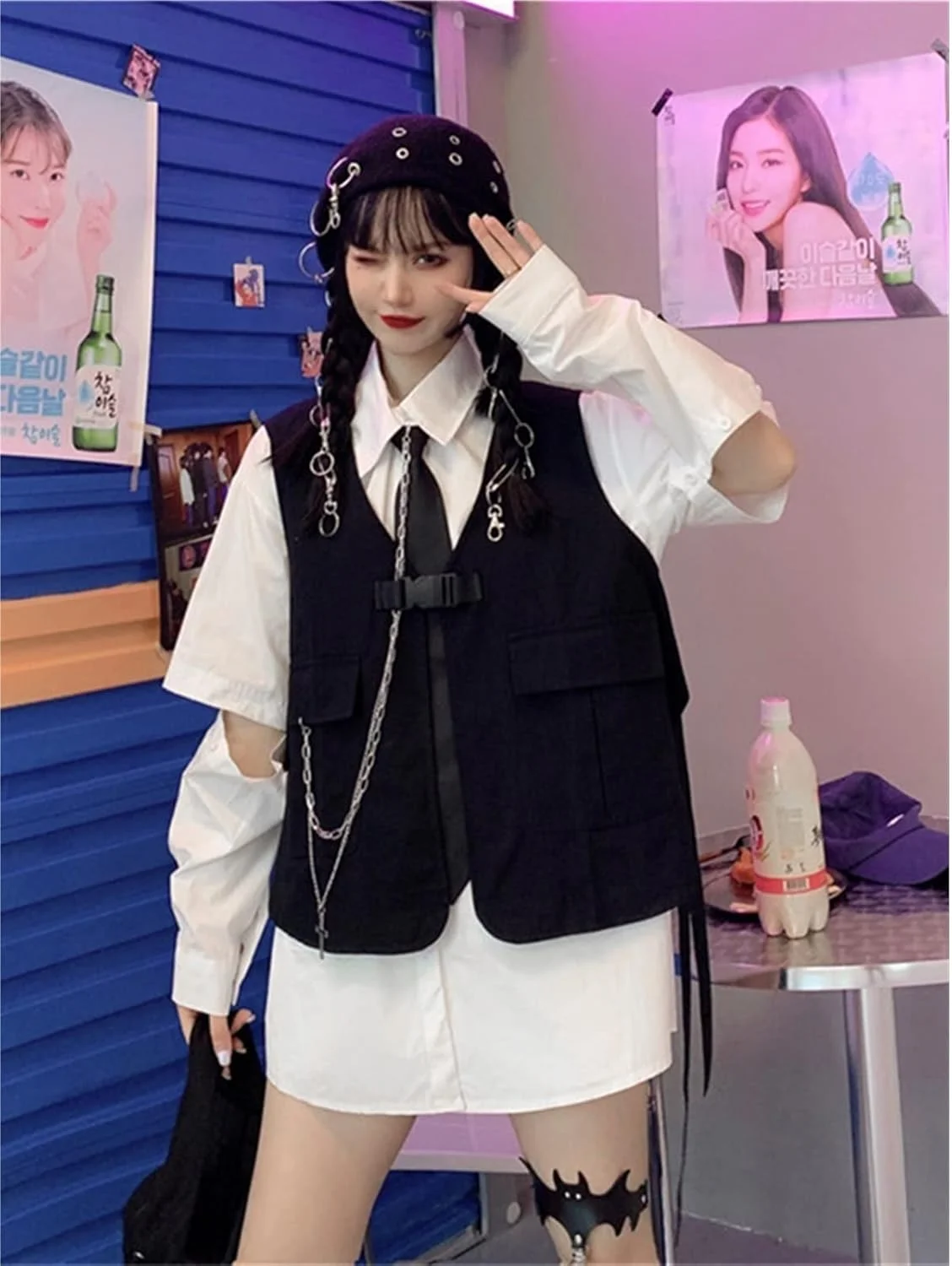 بلوز زنانه VETCS، ست لباس خیابانی شامل جلیقه ابزار و بلوز آستین بلند گشاد زنانه (رنگ: خاکستری)