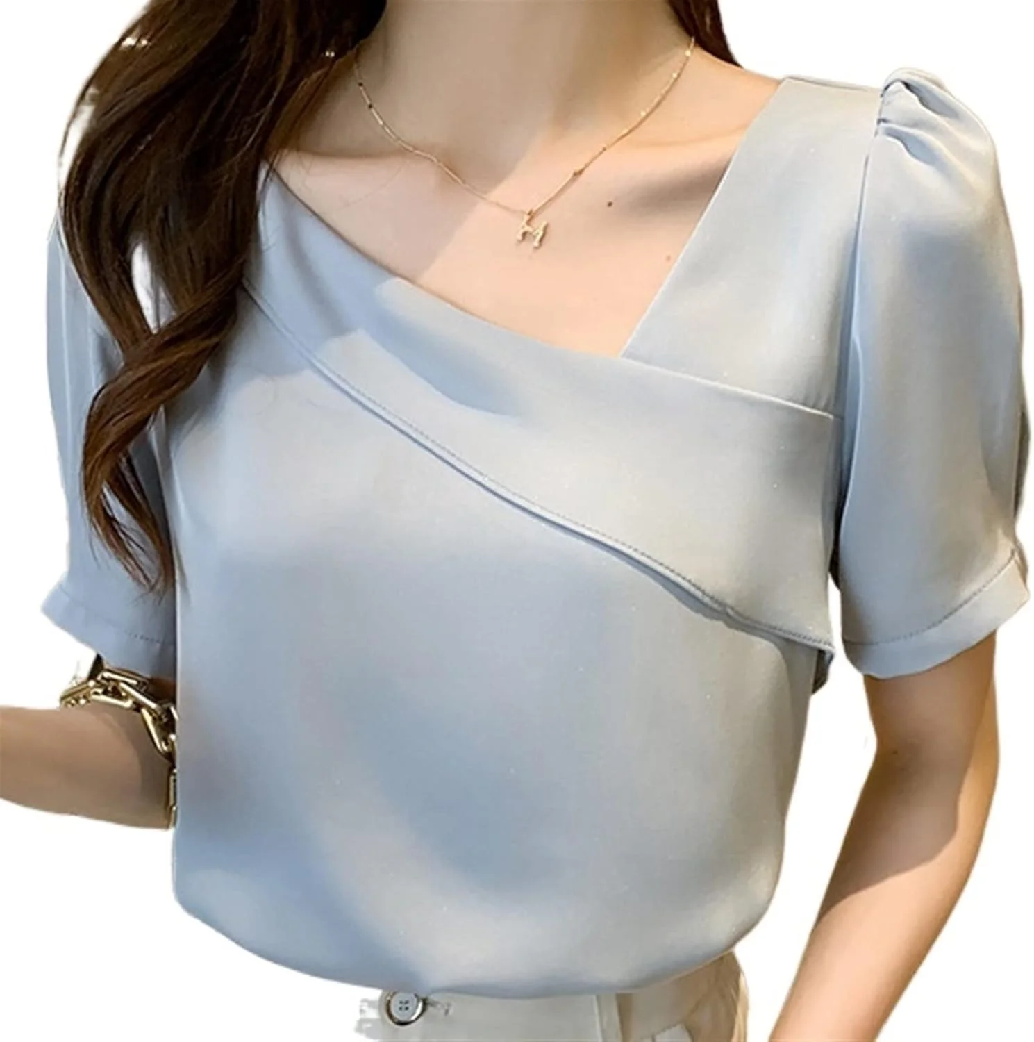 بلوز زنانه VETCS، بلوز آستین کوتاه زنانه، بلوز یقه هفت چین دار، پیراهن شیفون زنانه (رنگ: Hortelã، سایز: XXL)