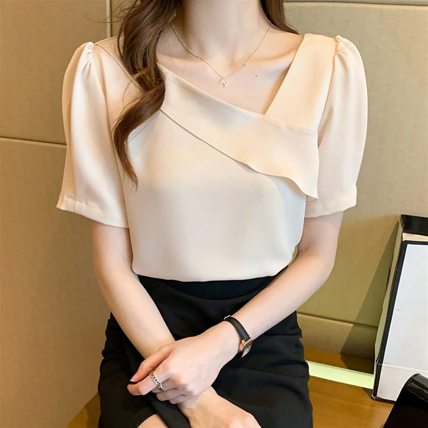 بلوز زنانه VETCS، بلوز آستین کوتاه زنانه، بلوز یقه هفت چین دار، پیراهن شیفون زنانه (رنگ: Hortelã، سایز: XXL)