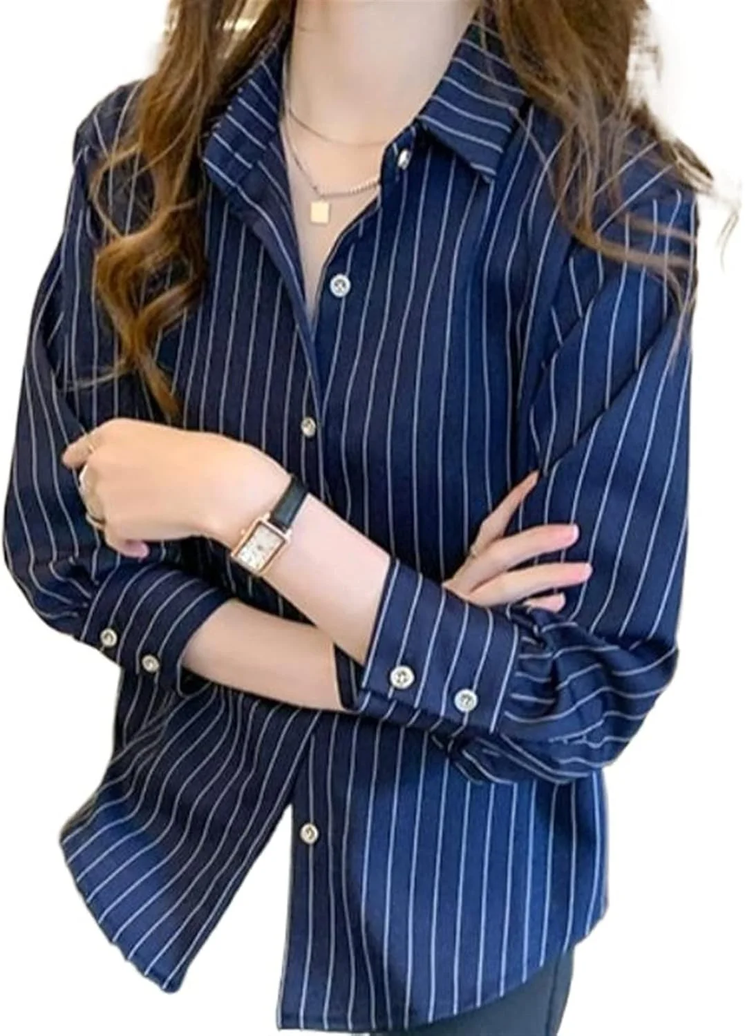 بلوز زنانه VETCS، پیراهن زنانه نازک تک سینه راه راه دکمه دار یقه پولو آستین بلند (رنگ: Hortel، سایز: S)