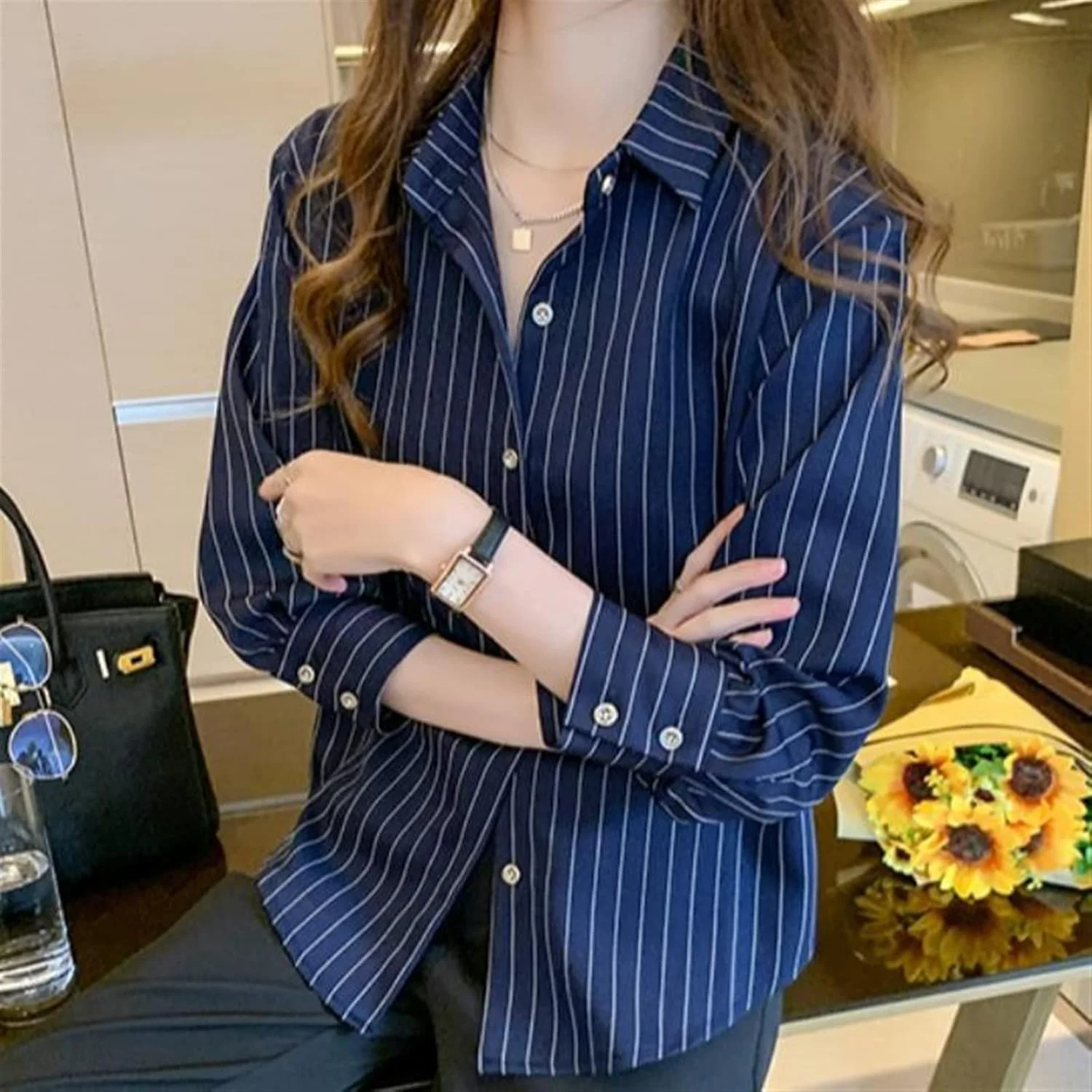 بلوز زنانه VETCS، پیراهن زنانه نازک تک سینه راه راه دکمه دار یقه پولو آستین بلند (رنگ: Hortel، سایز: S)