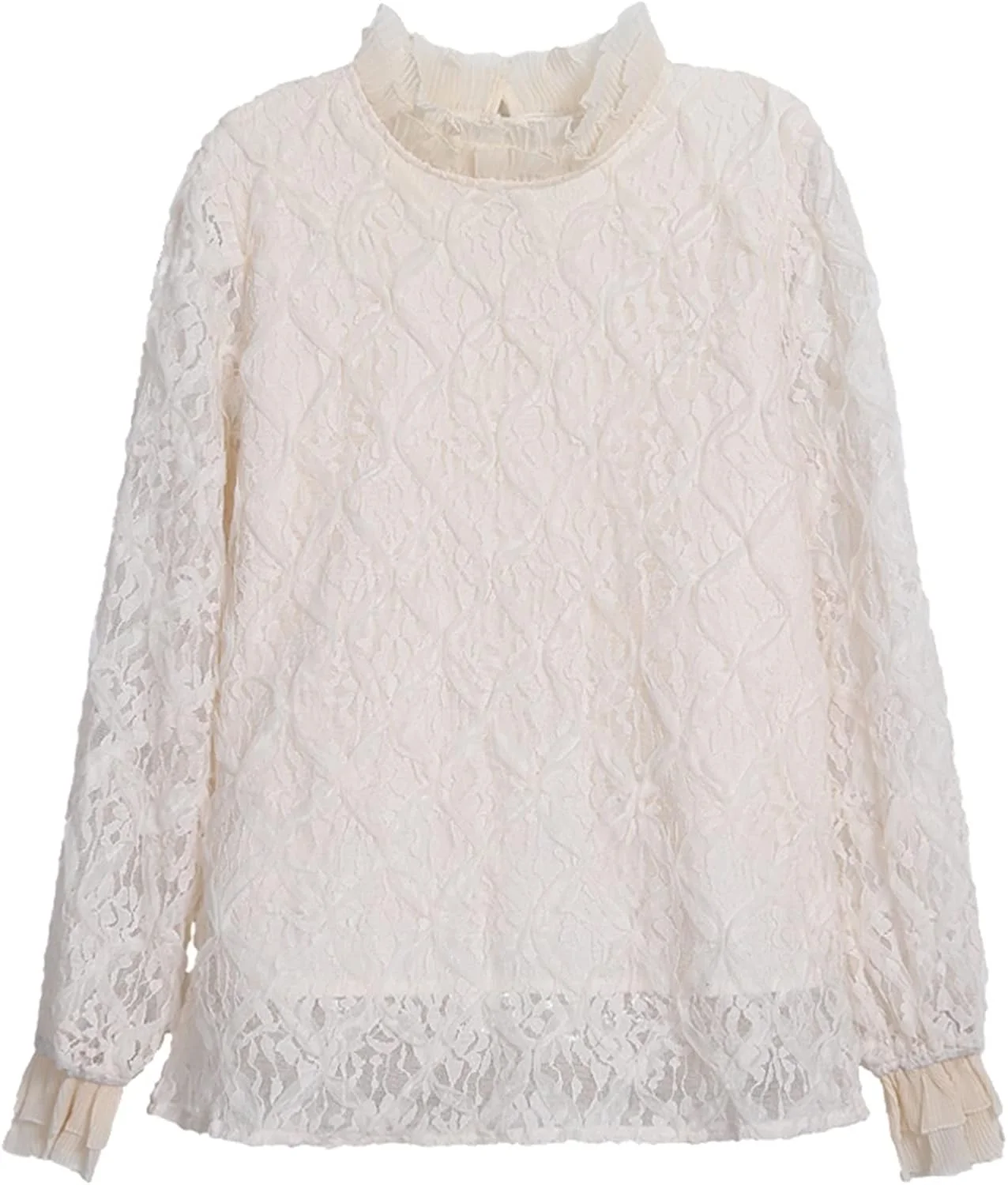 بلوز زنانه VETCS، پیراهن توری زنانه، اتصال قلاب بافی، تاپ رنگ ثابت، یقه ایستاده، آستین بلند، پیراهن زنانه توخالی (رنگ: سفید، سایز: M)