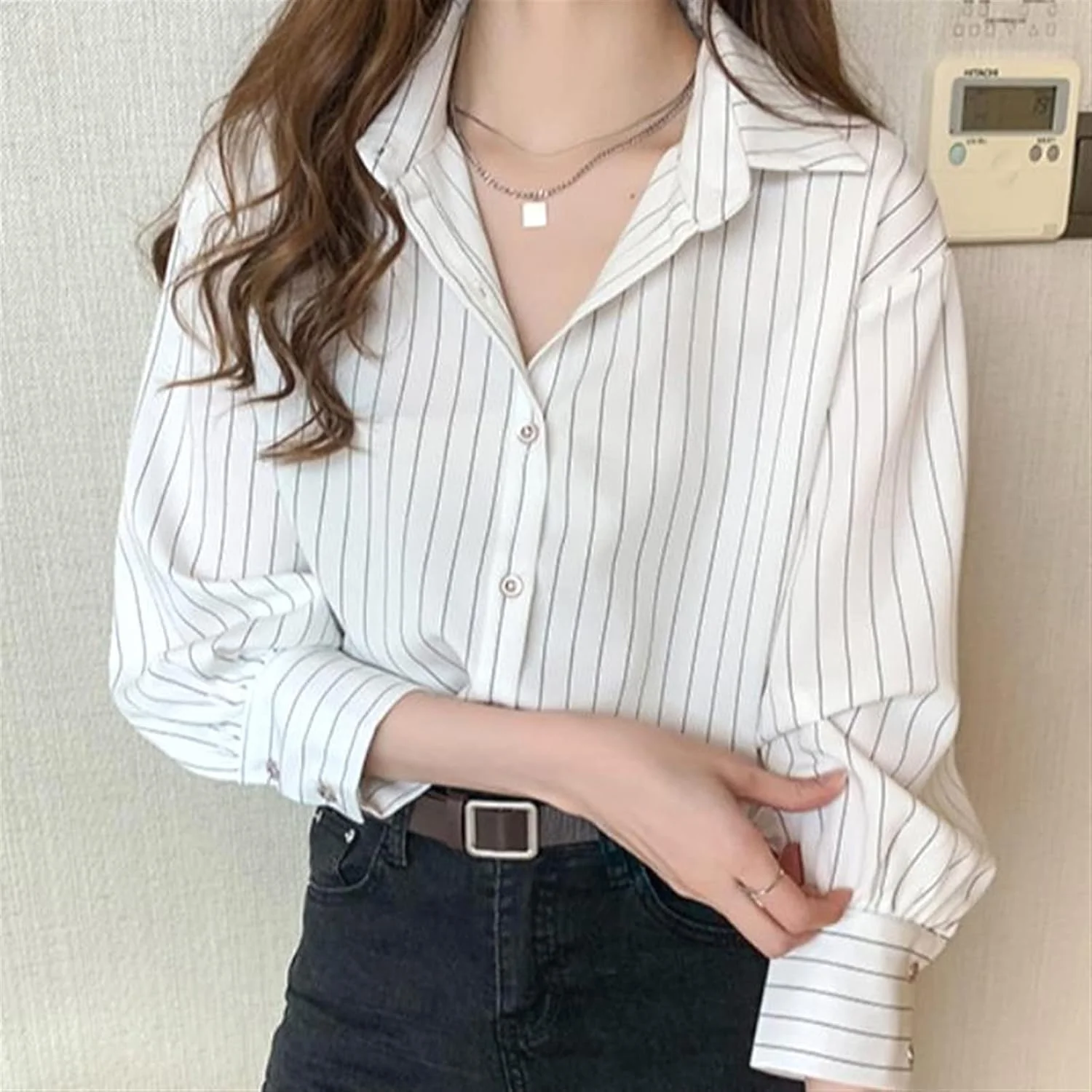 بلوز زنانه VETCS، پیراهن زنانه نازک تک سینه راه راه دکمه دار یقه پولو آستین بلند (رنگ: Hortel، سایز: S)