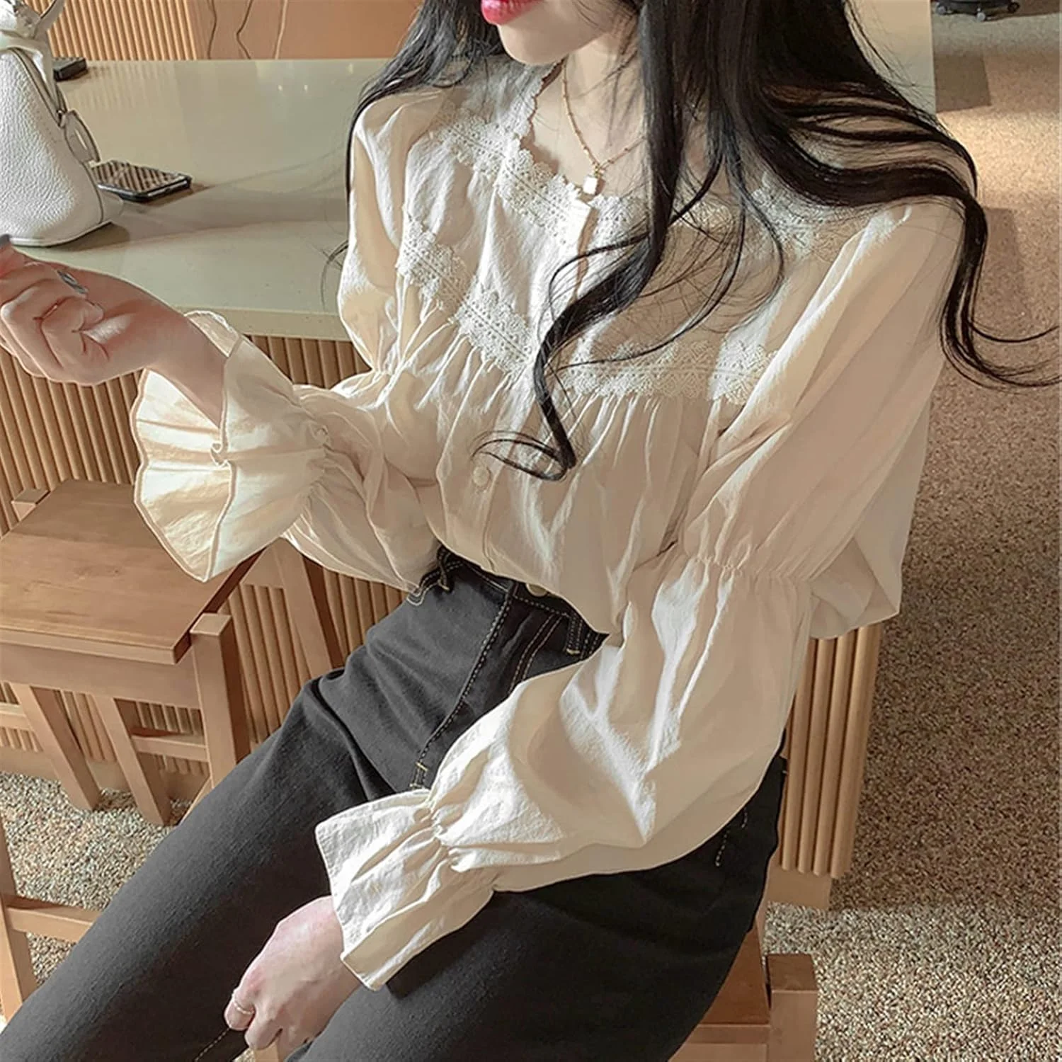 بلوز زنانه VETCS، پیراهن توری زنانه، پیراهن آستین بلند زنانه، اتصال رنگ ثابت، ژاکت بافتنی منحصر به فرد (رنگ: سفید، سایز: S)