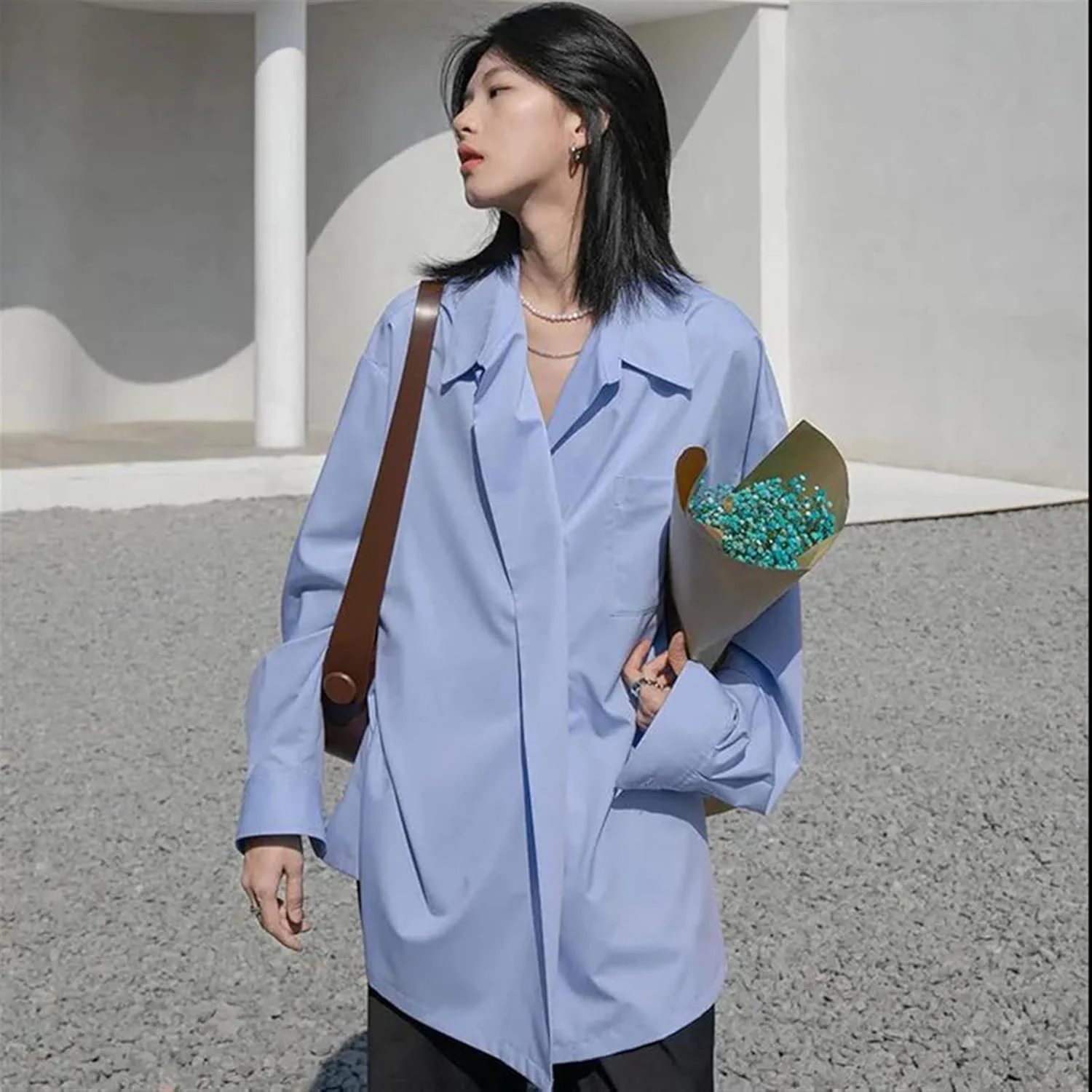 بلوز زنانه VETCS، پیراهن سفید زنانه، آستین بلند گشاد، تاپ دکمه دار زنانه (رنگ: Hortel، سایز: L)