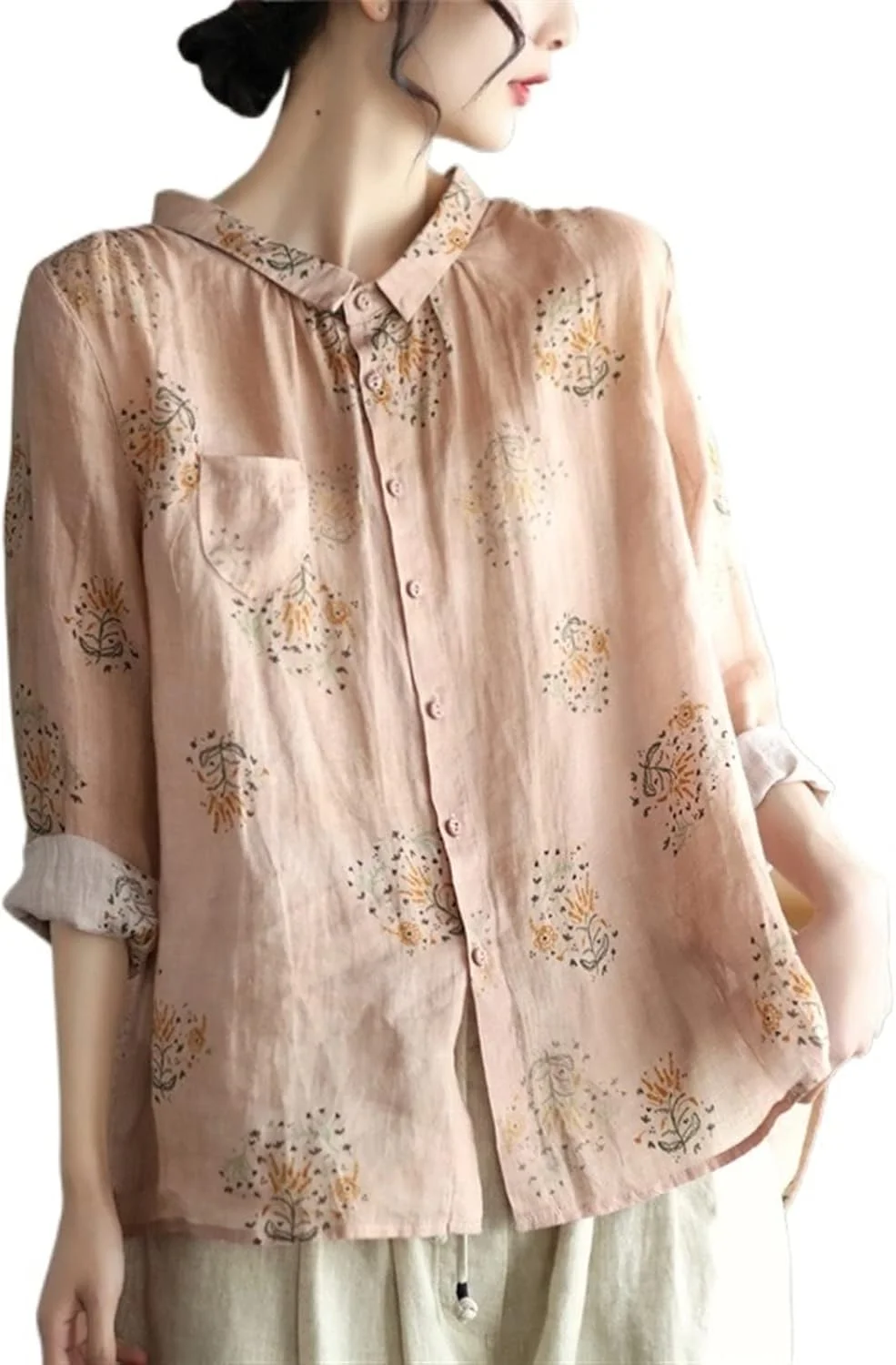 بلوز زنانه VETCS، پیراهن زنانه دکمه دار طرح گل، پیراهن آستین بلند یقه دار نخی (رنگ: صورتی، سایز: L)