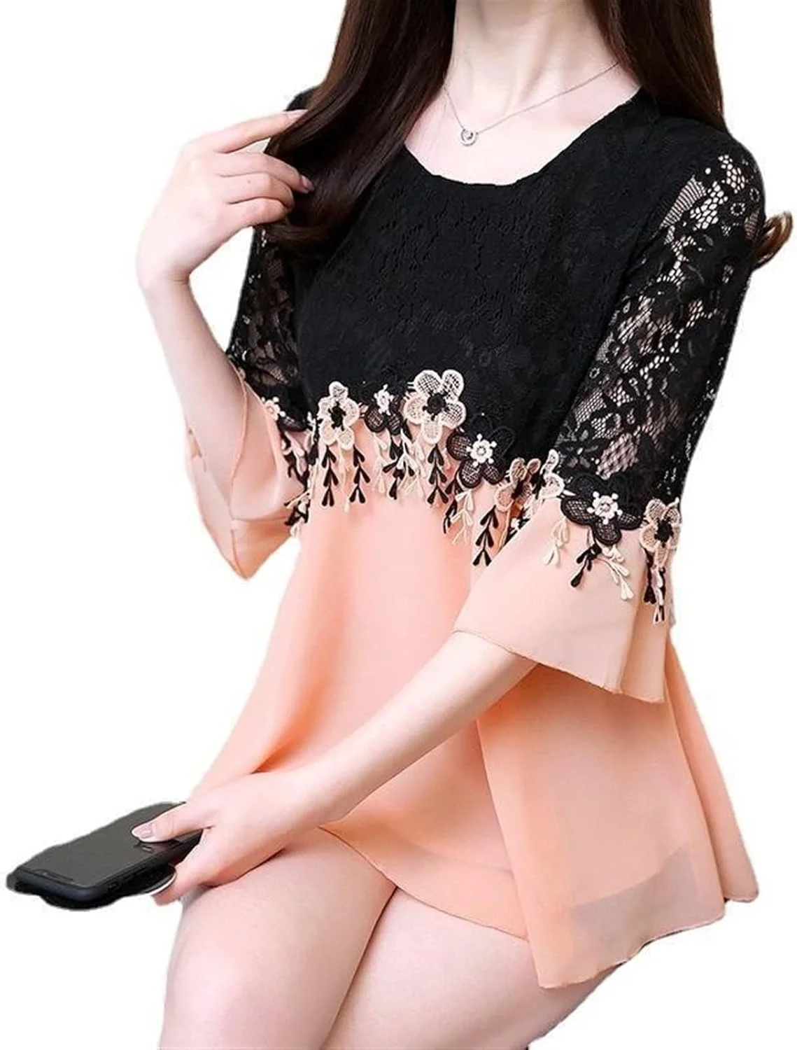 بلوز زنانه VETCS، پیراهن زنانه، پیراهن بزرگ، بلوز شیفون توری دار، تاپ پیراهن کوچک زنانه (رنگ: صورتی، سایز: M)