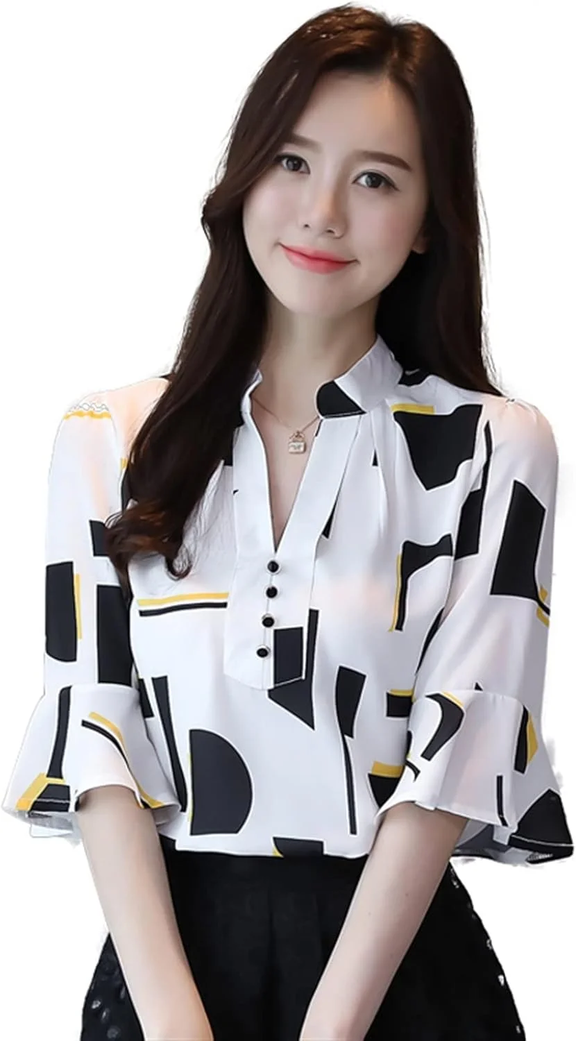 بلوز زنانه VETCS، تیشرت زنانه، پیراهن زنانه طرح دار شیفون، پیراهن سایز بزرگ زنانه (رنگ: سفید، سایز: XL)