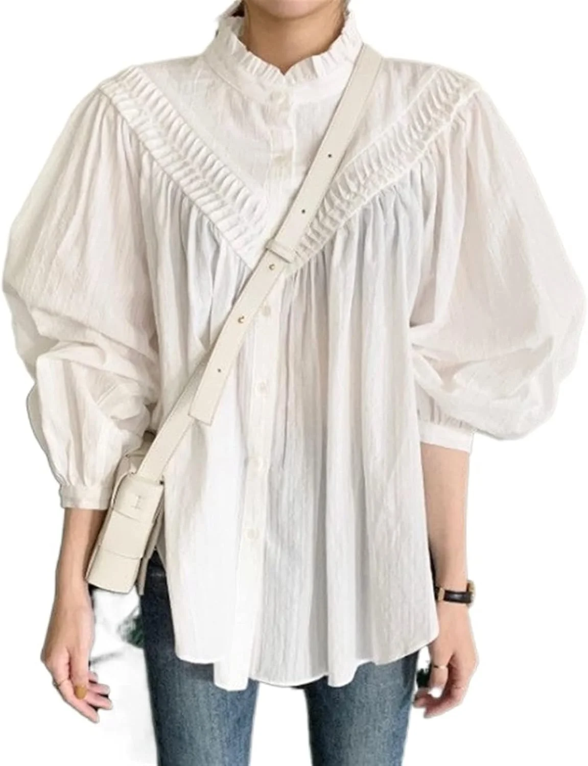 بلوز زنانه VETCS، پیراهن زنانه با یقه ایستاده، شیک و پلیسه دار، بلوز زنانه آستین فانوسی گشاد