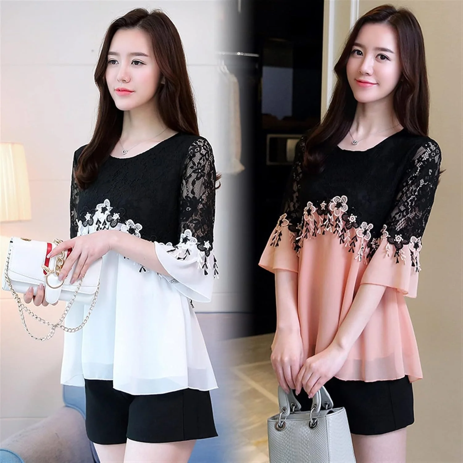 بلوز زنانه VETCS، پیراهن زنانه، پیراهن بزرگ، بلوز شیفون توری دار، تاپ پیراهن کوچک زنانه (رنگ: صورتی، سایز: M)