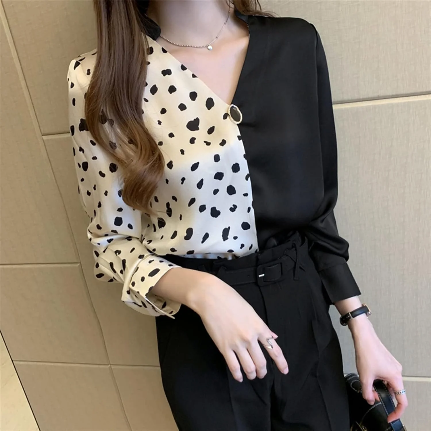 بلوز زنانه VETCS، بلوز زنانه یقه هفت طرح دار، بلوز آستین بلند زنانه (سایز: L)