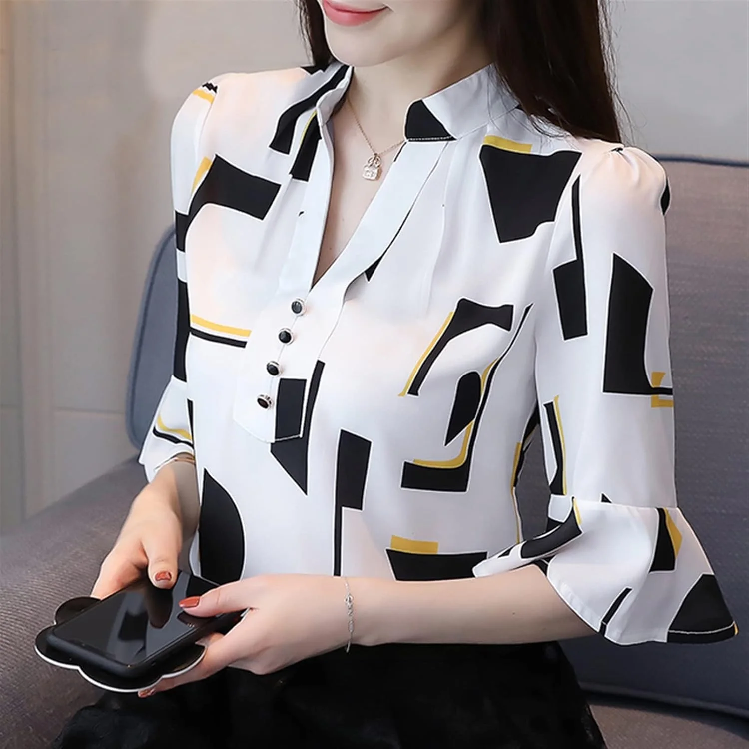 بلوز زنانه VETCS، تیشرت زنانه، پیراهن زنانه طرح دار شیفون، پیراهن سایز بزرگ زنانه (رنگ: سفید، سایز: XL)