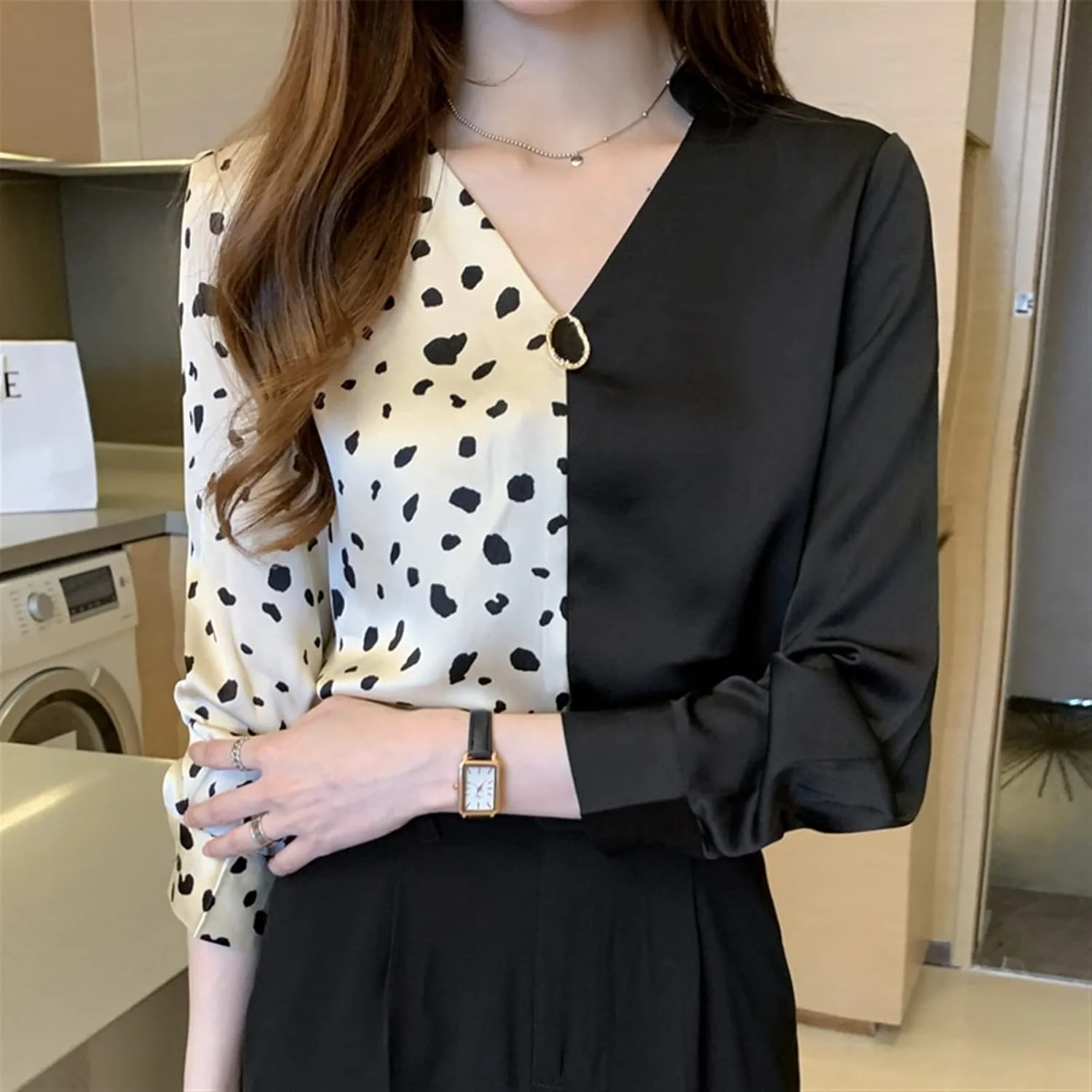 بلوز زنانه VETCS، بلوز زنانه یقه هفت طرح دار، بلوز آستین بلند زنانه (سایز: L)