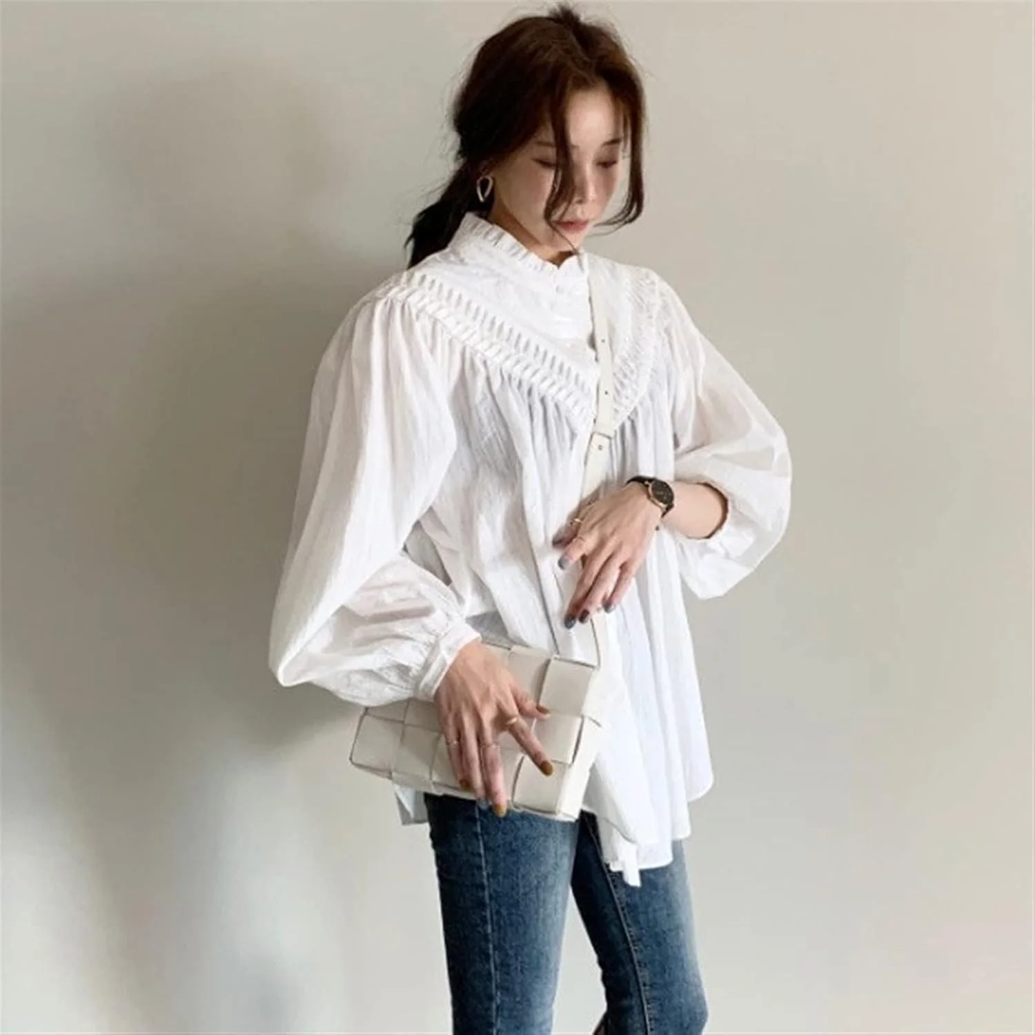 بلوز زنانه VETCS، پیراهن زنانه با یقه ایستاده، شیک و پلیسه دار، بلوز زنانه آستین فانوسی گشاد بلوز زنانه VETCS، پیراهن زنانه با یقه ایستاده، شیک و پلیسه دار، بلوز زنانه آستین فانوسی گشاد