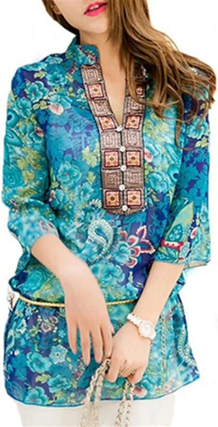 بلوز زنانه VETCS، پیراهن زنانه یقه ایستاده لباس خیابانی پیراهن طرح گل پیراهن پیراهن چند رنگ پیراهن زنانه (رنگ: Hortelã، سایز: 5XL)