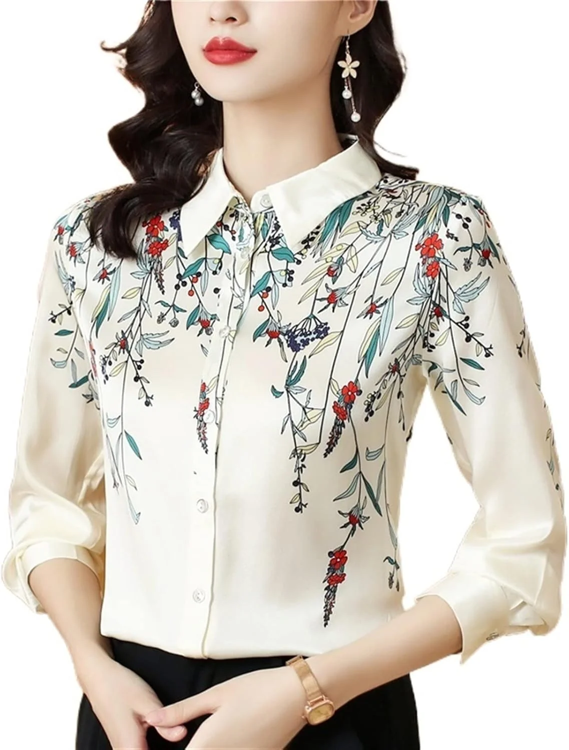 بلوز زنانه VETCS، پیراهن ساتن زنانه، پیراهن طرح دار، پیراهن زنانه شیک جوان، تاپ ابریشمی زنانه پایه ای، لباس زنانه OL (سایز: M)