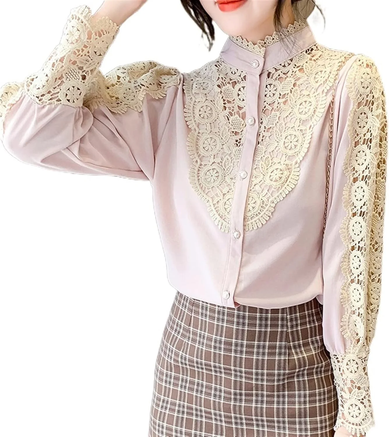 بلوز زنانه VETCS، پیراهن یقه ایستاده زنانه، پیراهن لبه دار، دوخت توری کریشه ای توخالی، پیراهن آستین پفی (رنگ: سفید، سایز: XXL)