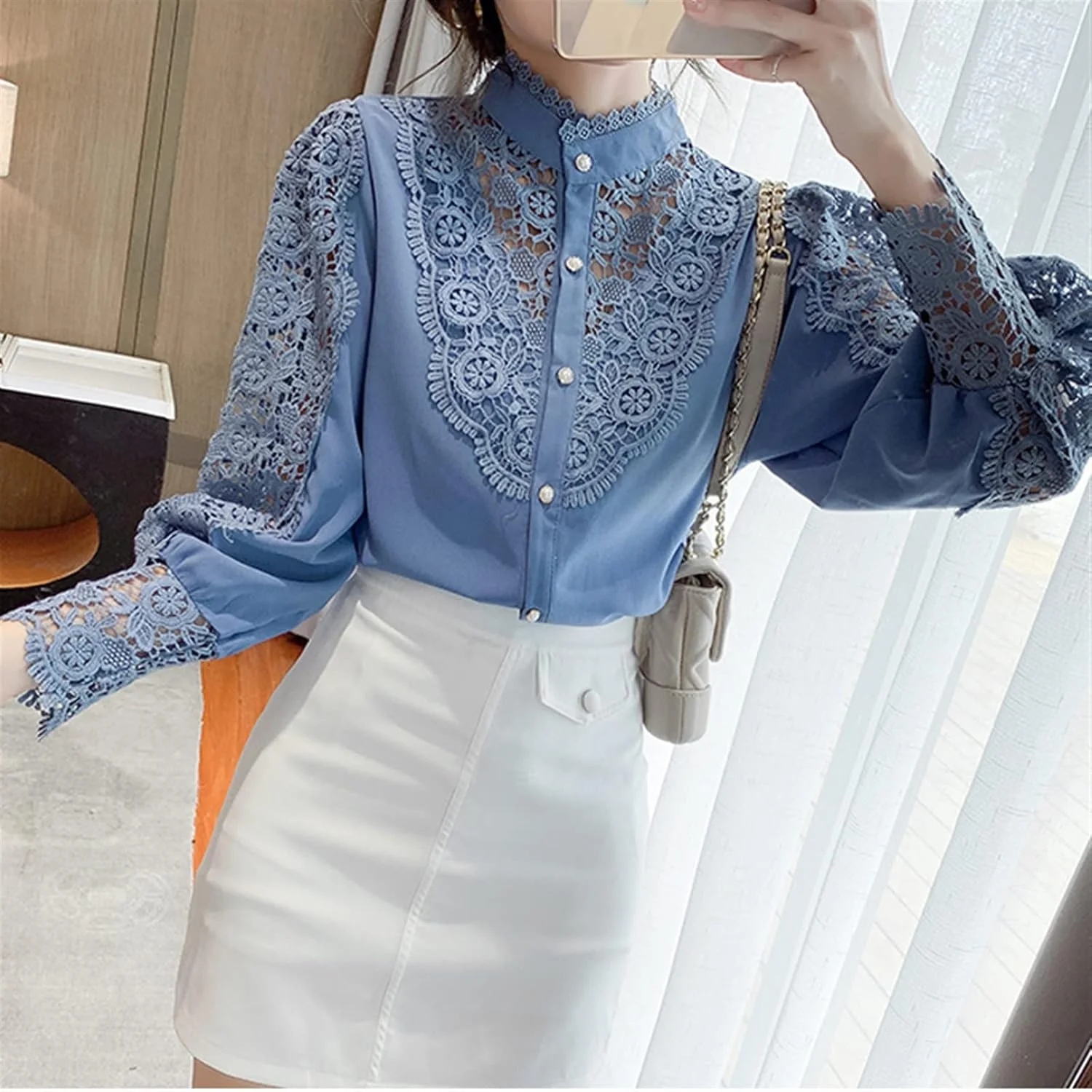 بلوز زنانه VETCS، پیراهن یقه ایستاده زنانه، پیراهن لبه دار، دوخت توری کریشه ای توخالی، پیراهن آستین پفی (رنگ: سفید، سایز: XXL) بلوز زنانه VETCS، پیراهن یقه ایستاده زنانه، پیراهن لبه دار، دوخت توری کریشه ای توخالی، پیراهن آستین پفی (رنگ: سفید، سایز: XXL)