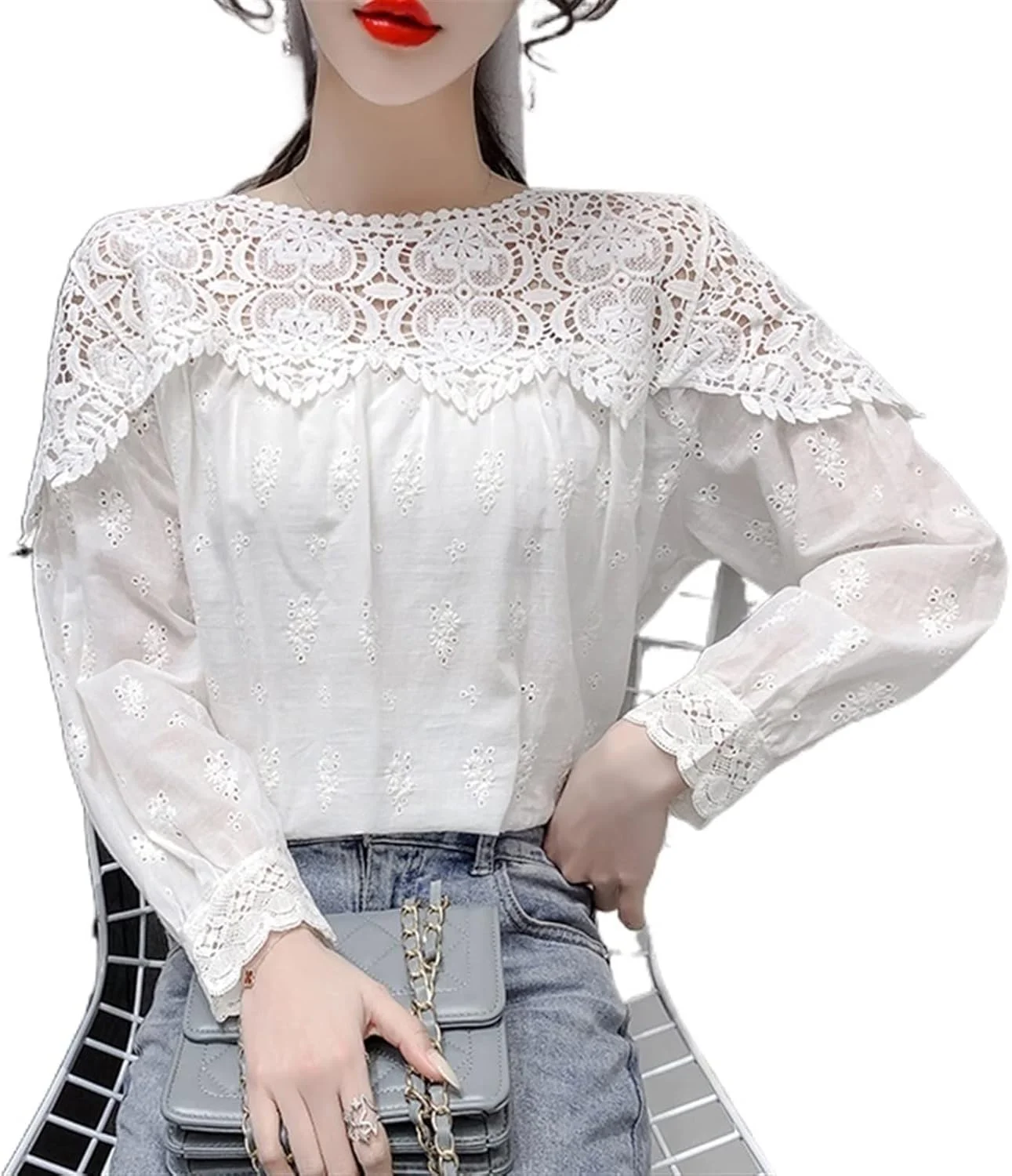 بلوز زنانه VETCS، پیراهن سفید نخی خالص زنانه، بلوز پیراهن توری گلدوزی شده توخالی، پیراهن غیر رسمی گشاد زنانه (رنگ: سفید، سایز: M)