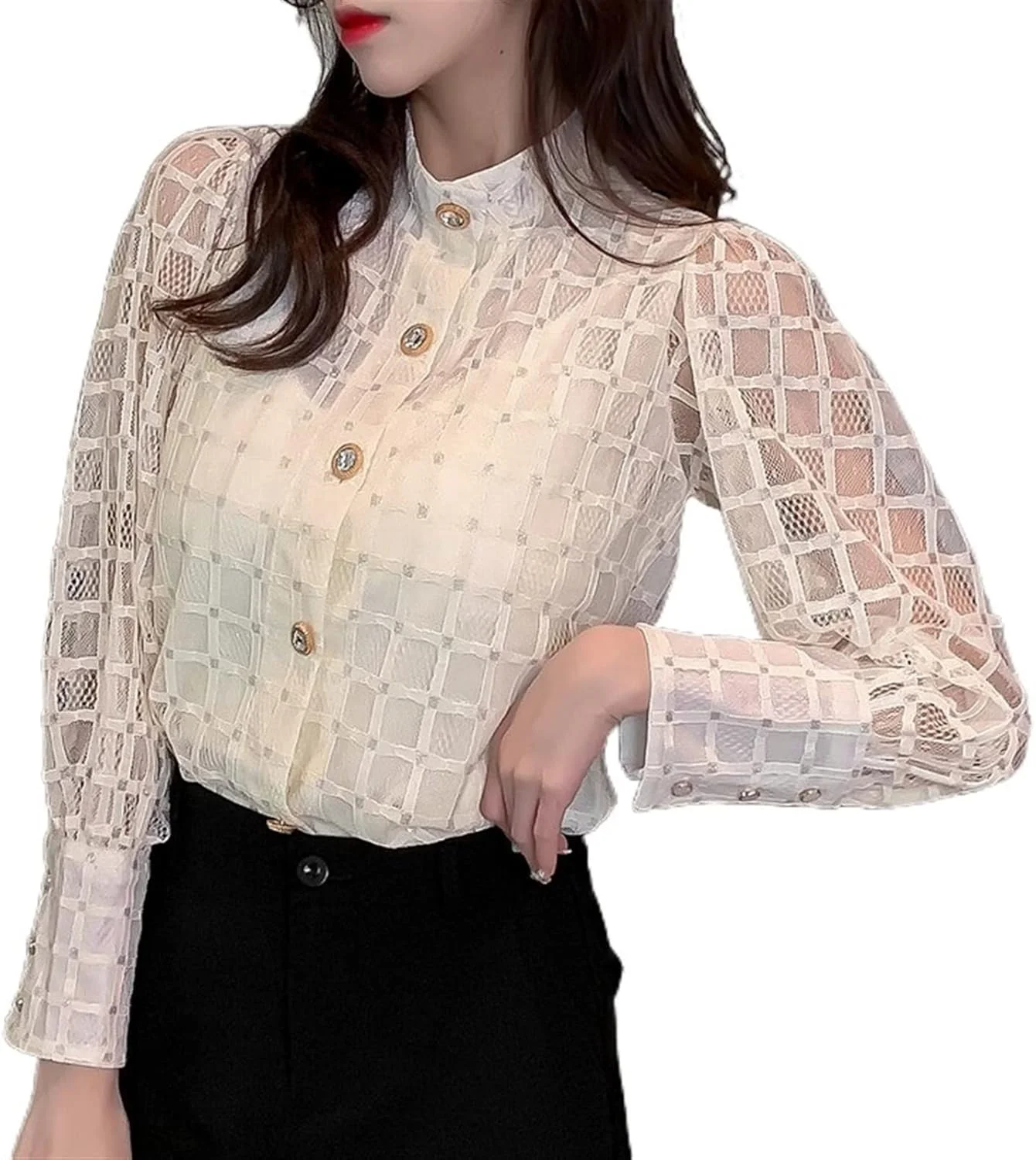 بلوز زنانه VETCS، پیراهن زنانه یقه ایستاده آستین بلند توری، تاپ دکمه دار شیک و شیرین زنانه (رنگ: سفید، سایز: S)