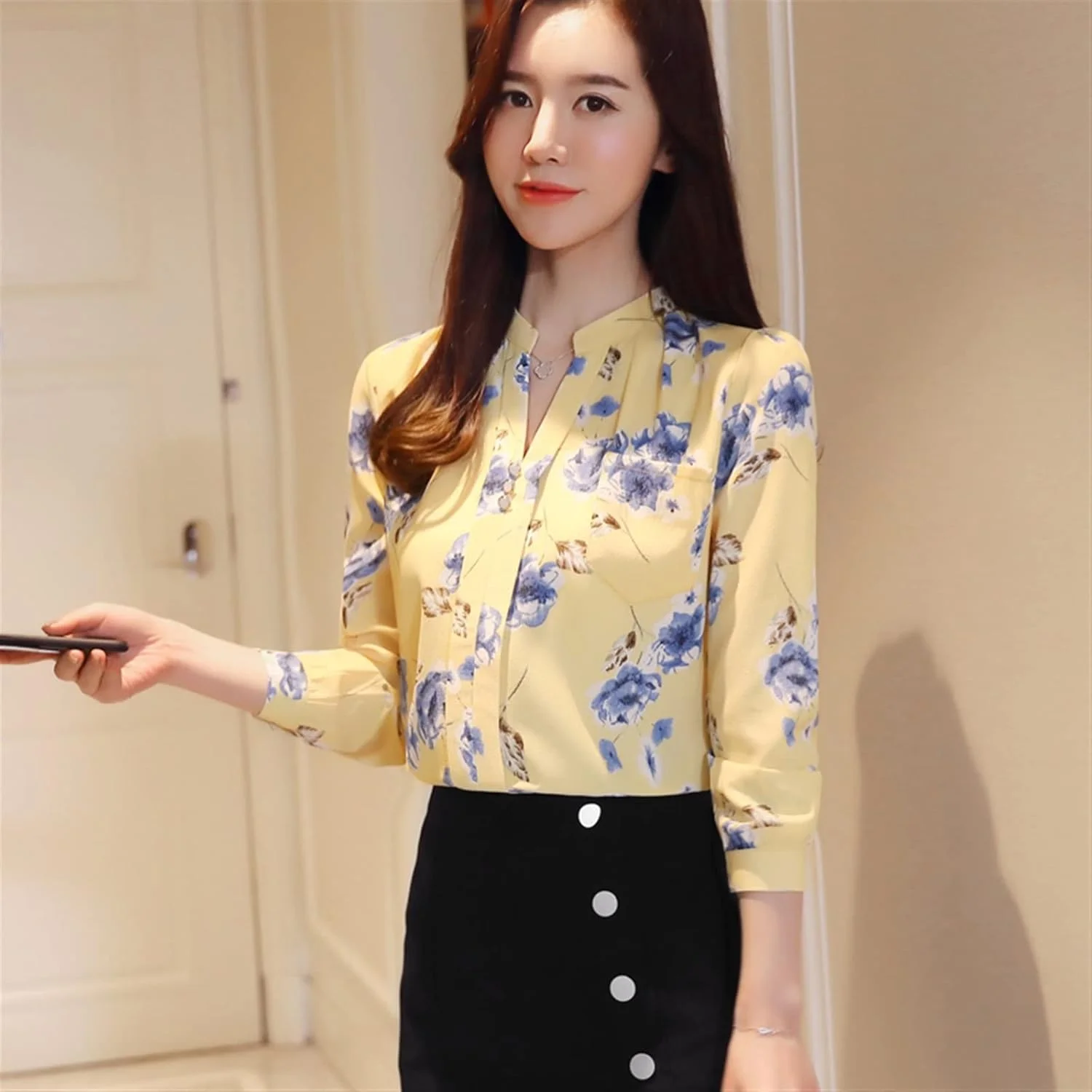 بلوز زنانه VETCS، پیراهن آستین بلند زنانه، بلوز شیفون طرح دار، بلوز زنانه، پیراهن زنانه (سایز: L)