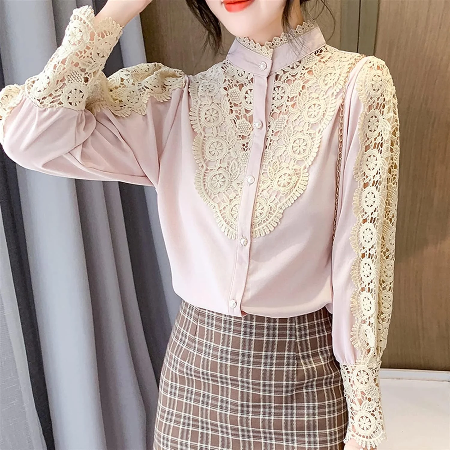 بلوز زنانه VETCS، پیراهن یقه ایستاده زنانه، پیراهن لبه دار، دوخت توری کریشه ای توخالی، پیراهن آستین پفی (رنگ: سفید، سایز: XXL) بلوز زنانه VETCS، پیراهن یقه ایستاده زنانه، پیراهن لبه دار، دوخت توری کریشه ای توخالی، پیراهن آستین پفی (رنگ: سفید، سایز: XXL)