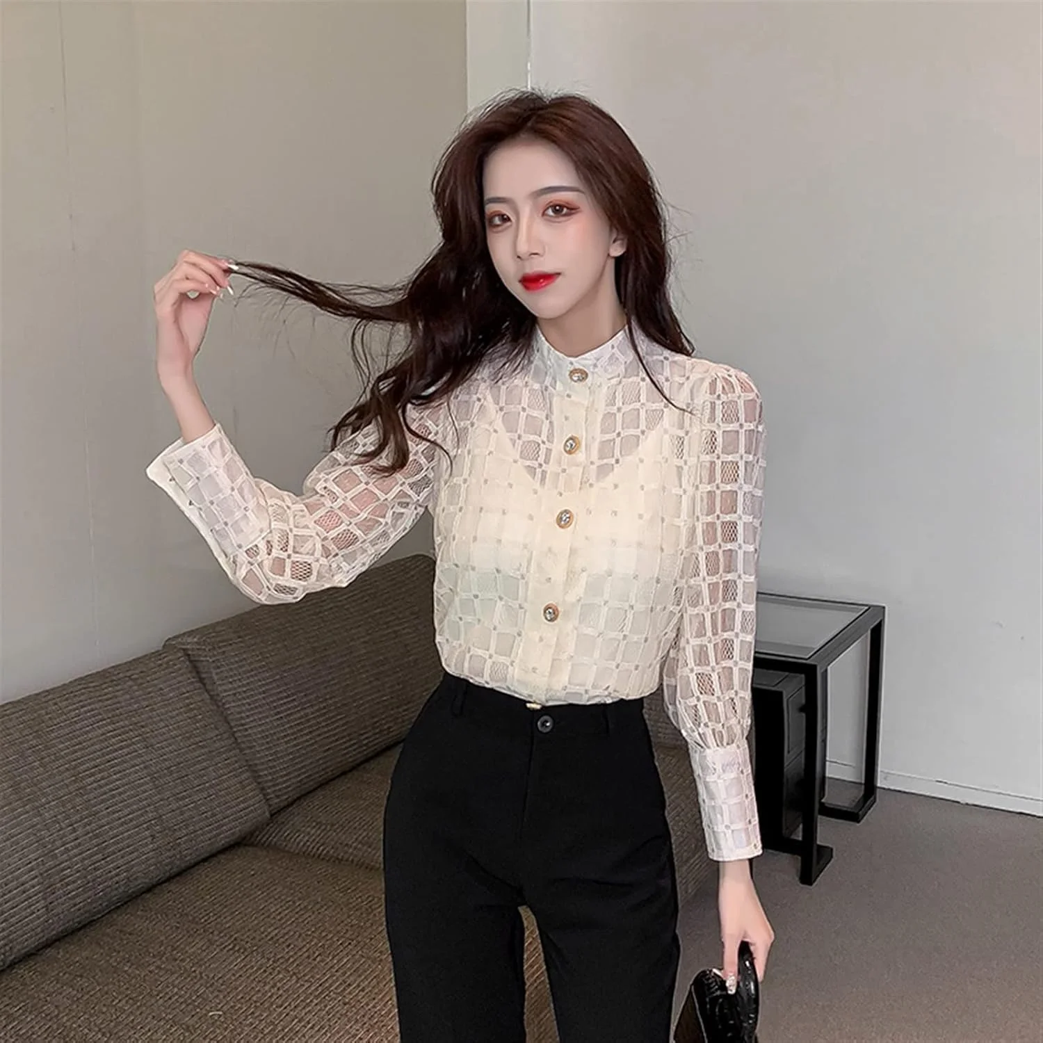 بلوز زنانه VETCS، پیراهن زنانه یقه ایستاده آستین بلند توری، تاپ دکمه دار شیک و شیرین زنانه (رنگ: سفید، سایز: S) بلوز زنانه VETCS، پیراهن زنانه یقه ایستاده آستین بلند توری، تاپ دکمه دار شیک و شیرین زنانه (رنگ: سفید، سایز: S)