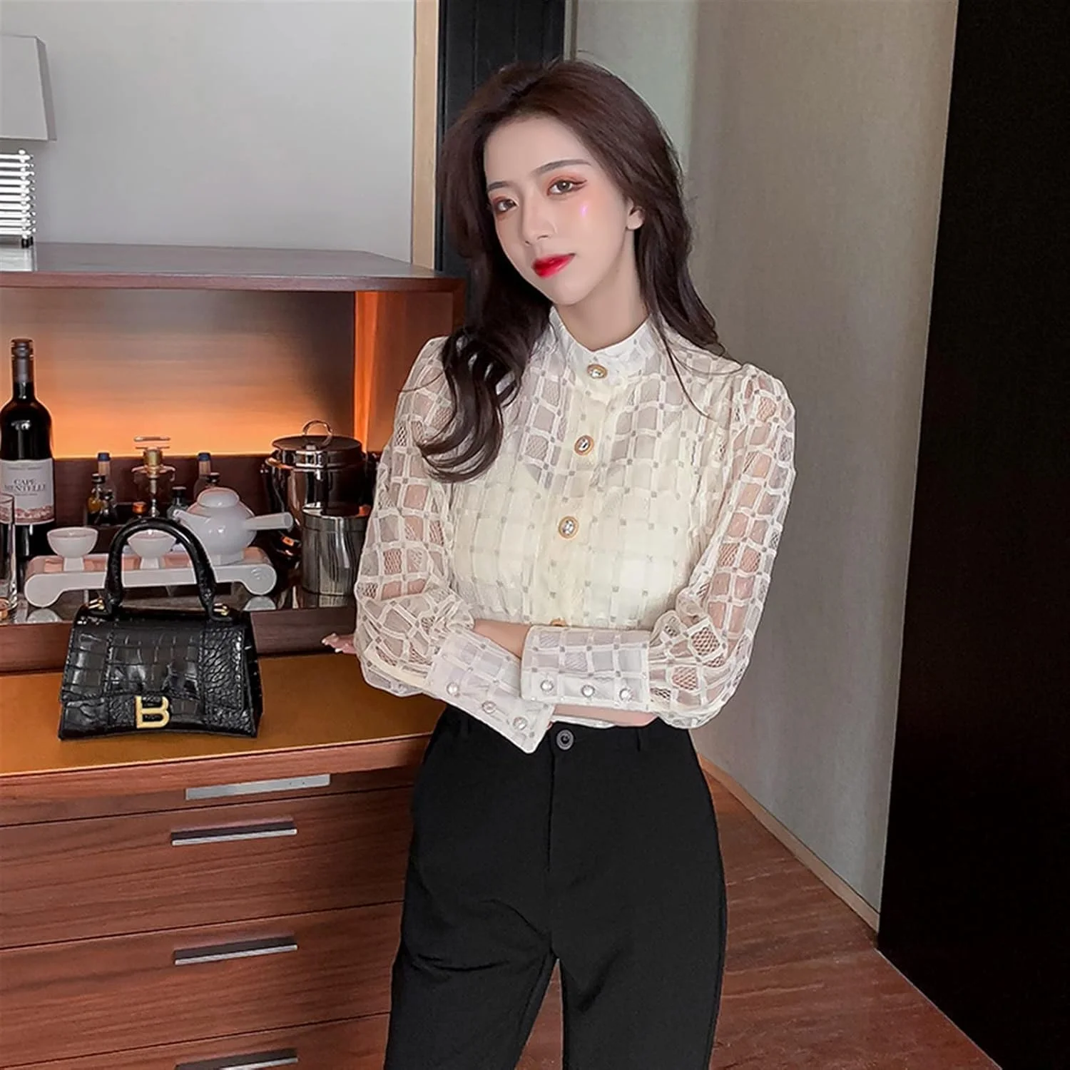 بلوز زنانه VETCS، پیراهن زنانه یقه ایستاده آستین بلند توری، تاپ دکمه دار شیک و شیرین زنانه (رنگ: سفید، سایز: S) بلوز زنانه VETCS، پیراهن زنانه یقه ایستاده آستین بلند توری، تاپ دکمه دار شیک و شیرین زنانه (رنگ: سفید، سایز: S)