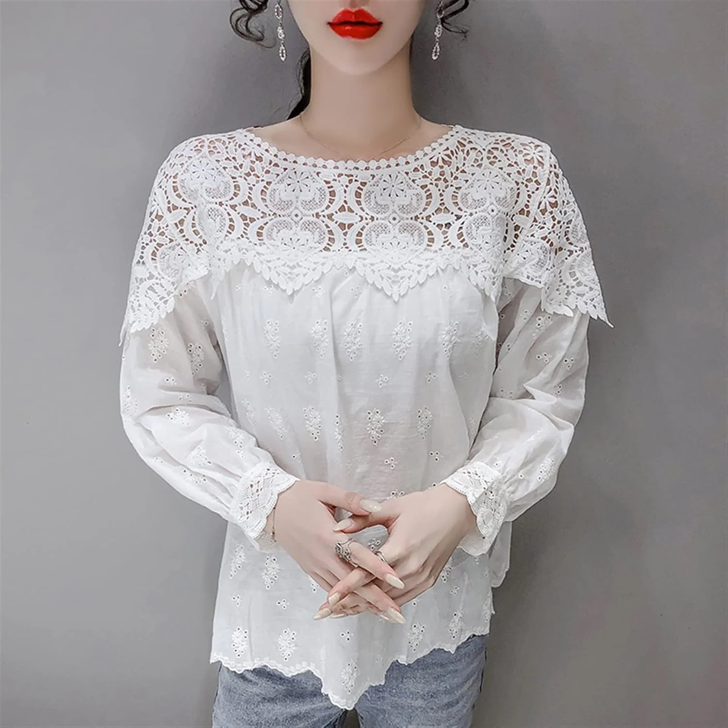 بلوز زنانه VETCS، پیراهن سفید نخی خالص زنانه، بلوز پیراهن توری گلدوزی شده توخالی، پیراهن غیر رسمی گشاد زنانه (رنگ: سفید، سایز: M) بلوز زنانه VETCS، پیراهن سفید نخی خالص زنانه، بلوز پیراهن توری گلدوزی شده توخالی، پیراهن غیر رسمی گشاد زنانه (رنگ: سفید، سایز: M)