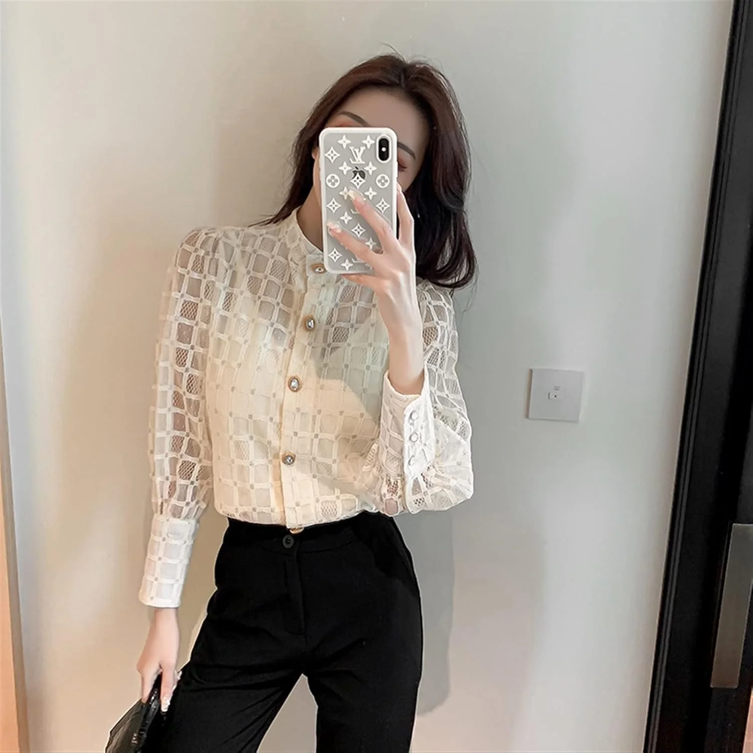 بلوز زنانه VETCS، پیراهن زنانه یقه ایستاده آستین بلند توری، تاپ دکمه دار شیک و شیرین زنانه (رنگ: سفید، سایز: S) بلوز زنانه VETCS، پیراهن زنانه یقه ایستاده آستین بلند توری، تاپ دکمه دار شیک و شیرین زنانه (رنگ: سفید، سایز: S)