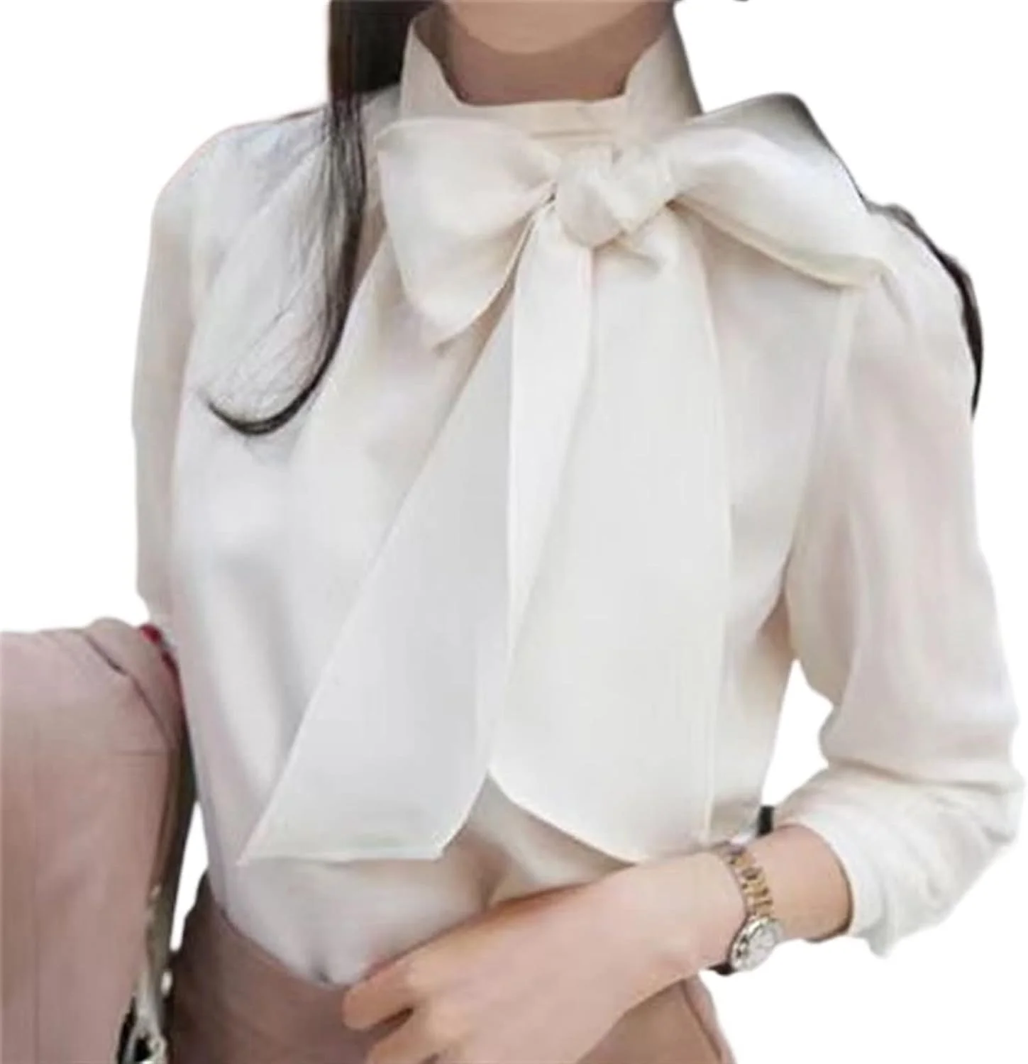 بلوز زنانه VETCS، پیراهن آستین بلند زنانه، کراواتی پاپیونی، یقه بلند شیفون، پیراهن رسمی زنانه سفید مشکی (رنگ: سفید، سایز: M)