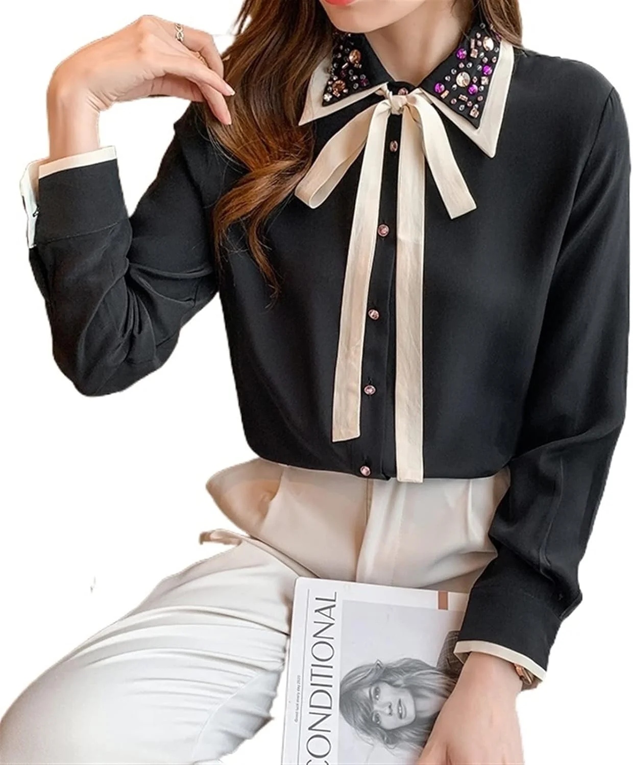 بلوز زنانه VETCS، پیراهن زنانه یقه برگردان، رنگ ثابت، پنل شیفون، مد روز غیر رسمی، آستین بلند گشاد (رنگ: Hortel، سایز: M)